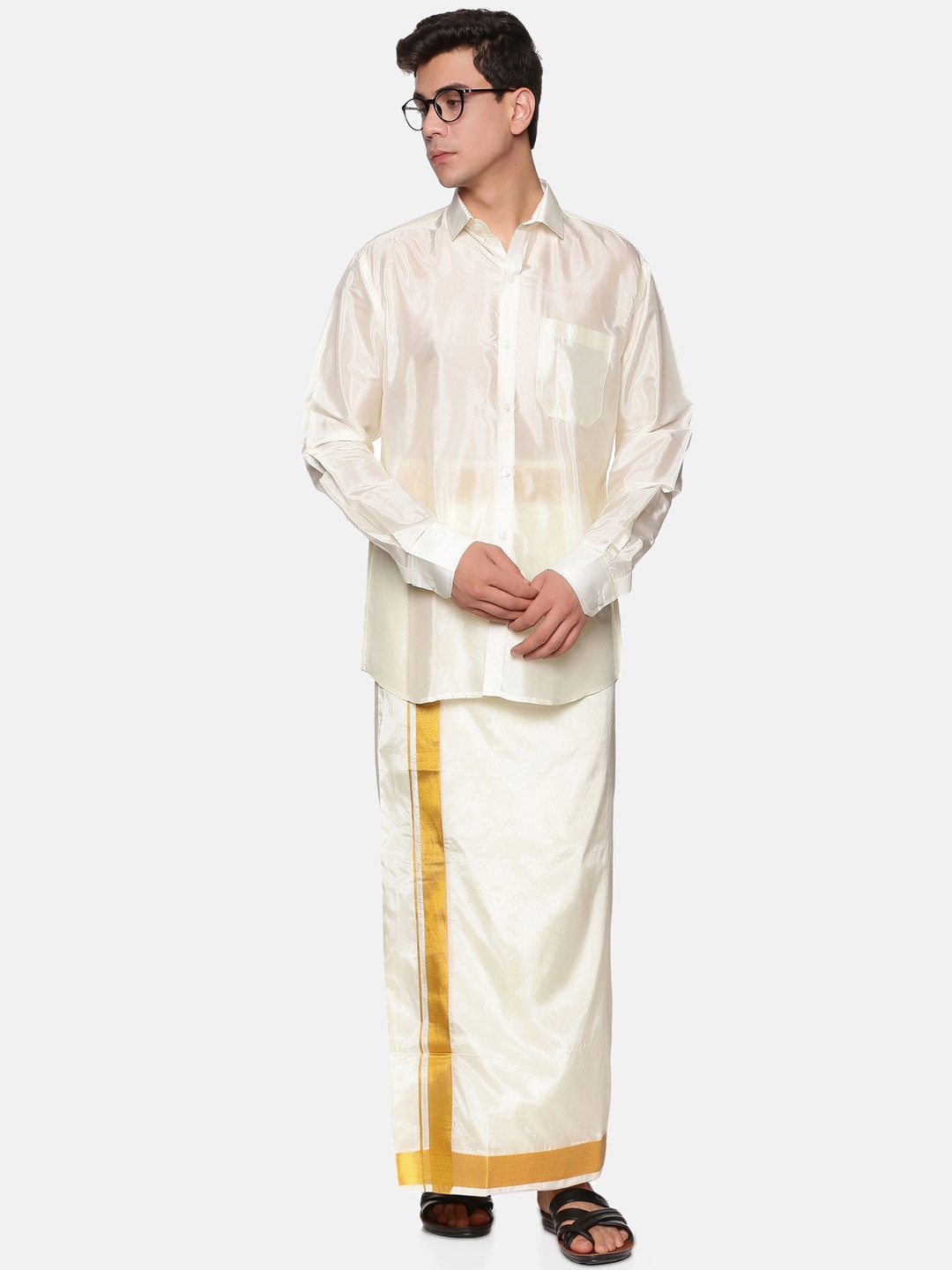 

Sethukrishna Men Cream-Coloured & White Shirt & Veshti Set