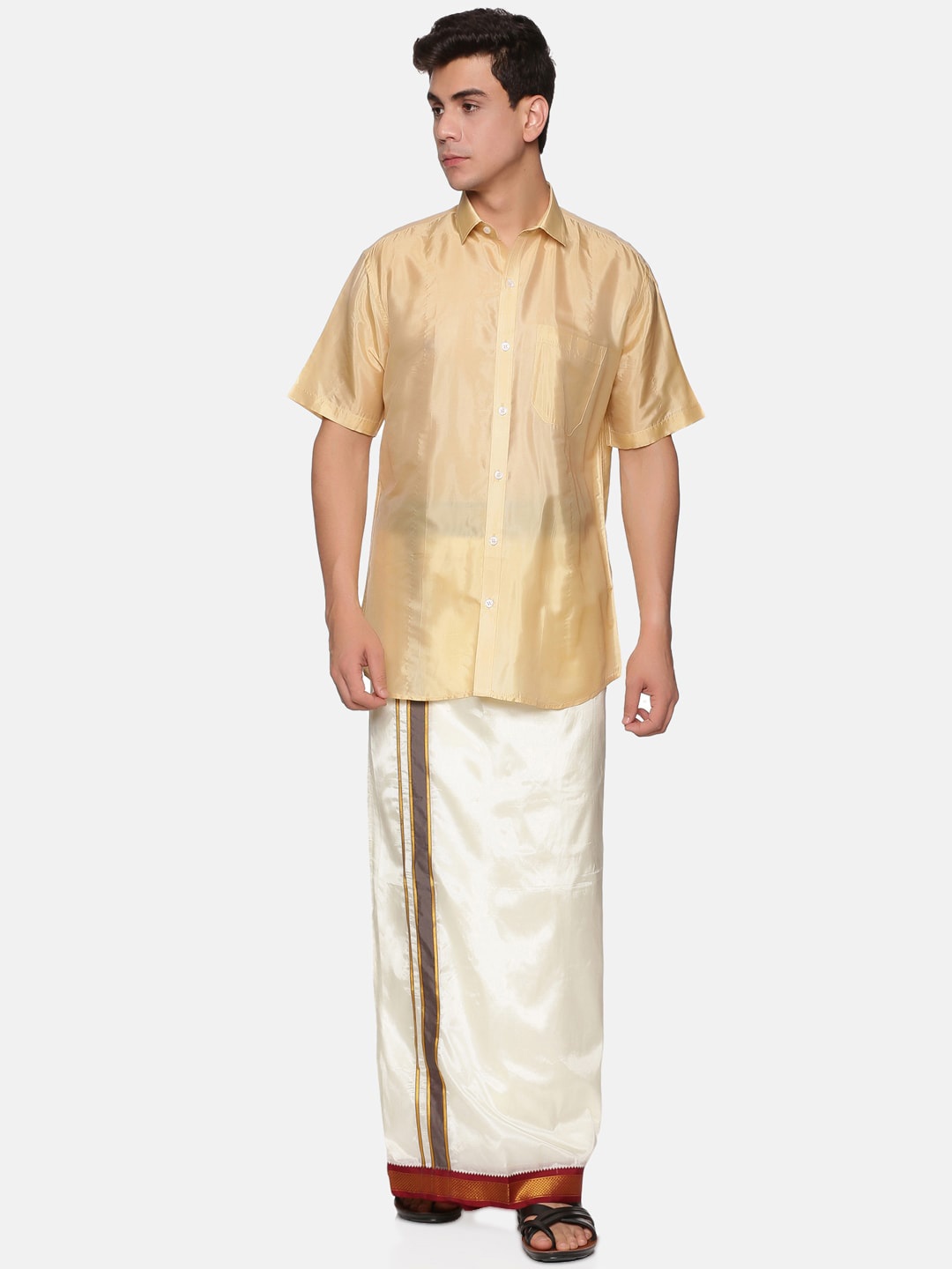 

Sethukrishna Men Beige & Cream-Coloured Shirt & Veshti Set