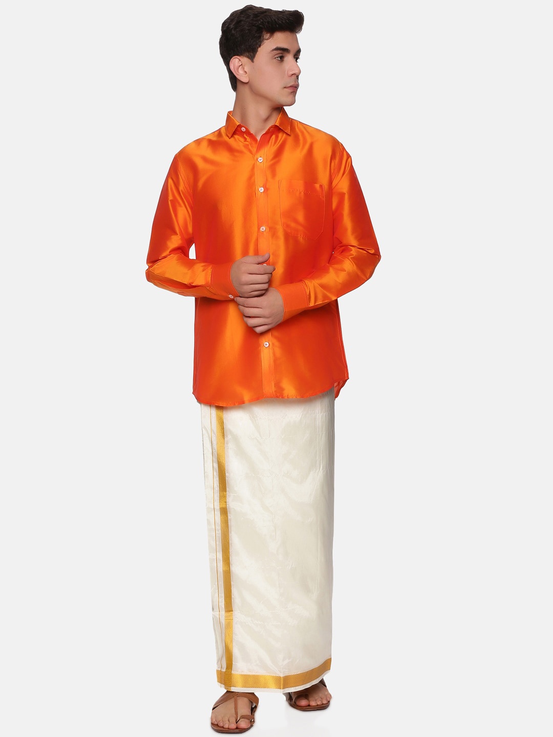 

Sethukrishna Men Orange & White Shirt & Veshti Set