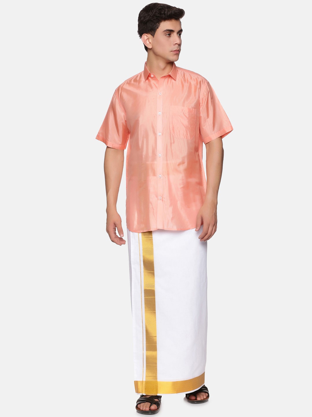 

Sethukrishna Men Peach-Coloured & White Shirt & Veshti Set