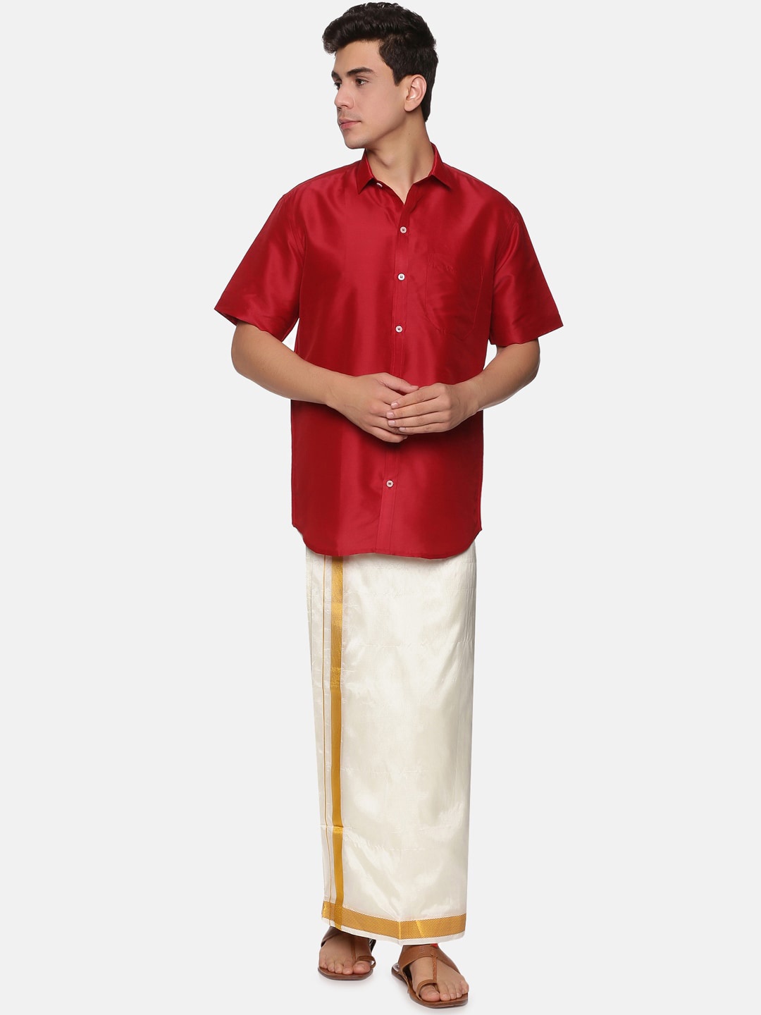 

Sethukrishna Men Maroon & White Shirt & Veshti Set