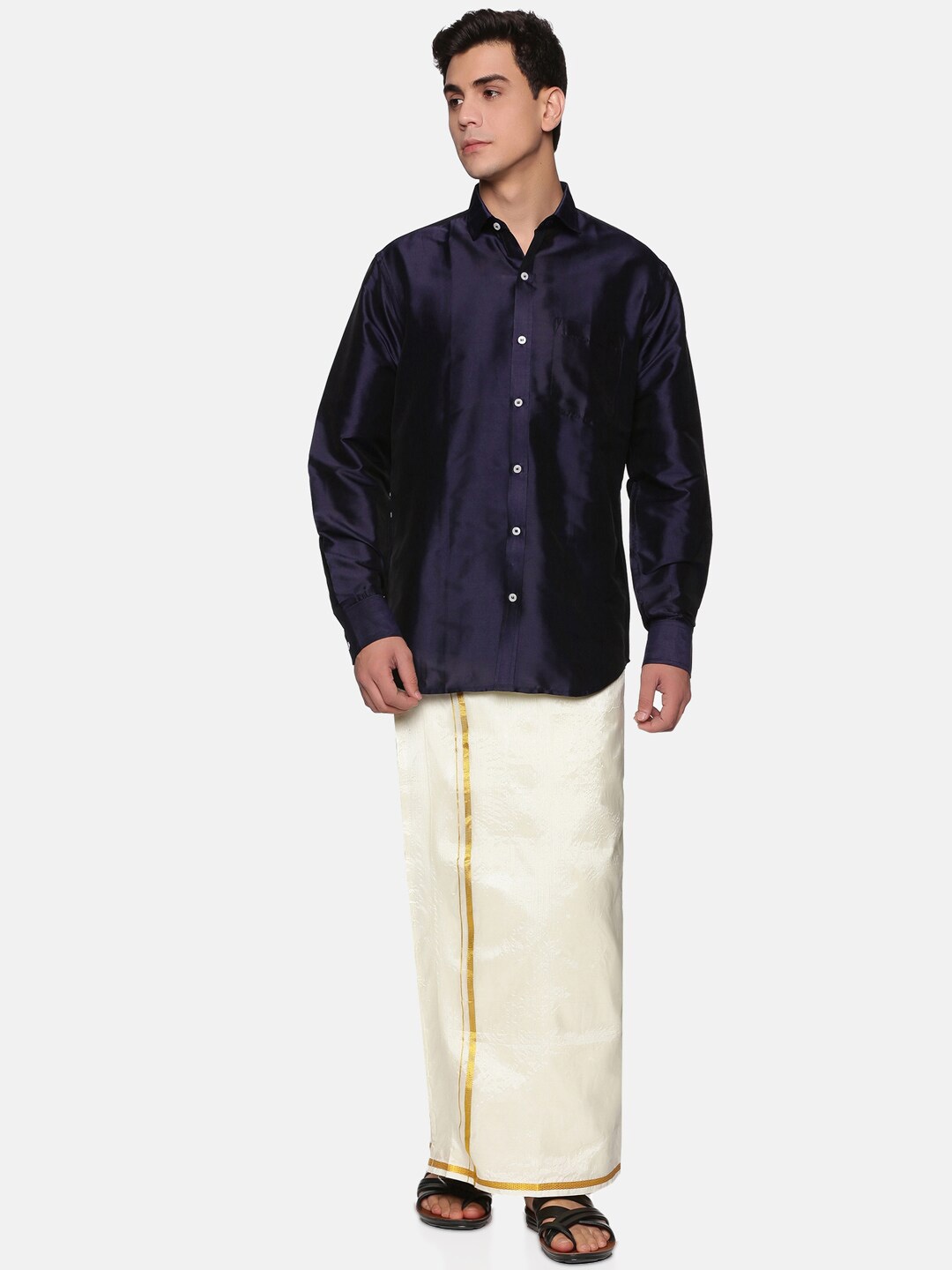 

Sethukrishna Men Navy Blue & White Shirt with Dhoti Set