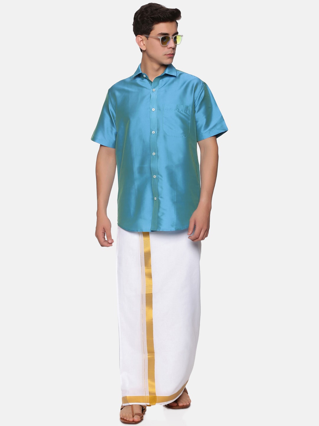 

Sethukrishna Men Turquoise Blue & White Shirt & Veshti Set