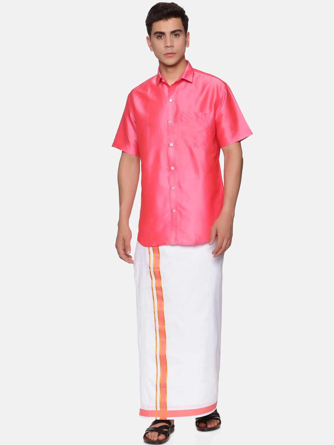 

Sethukrishna Men Peach-Coloured & White Shirt & Veshti Set