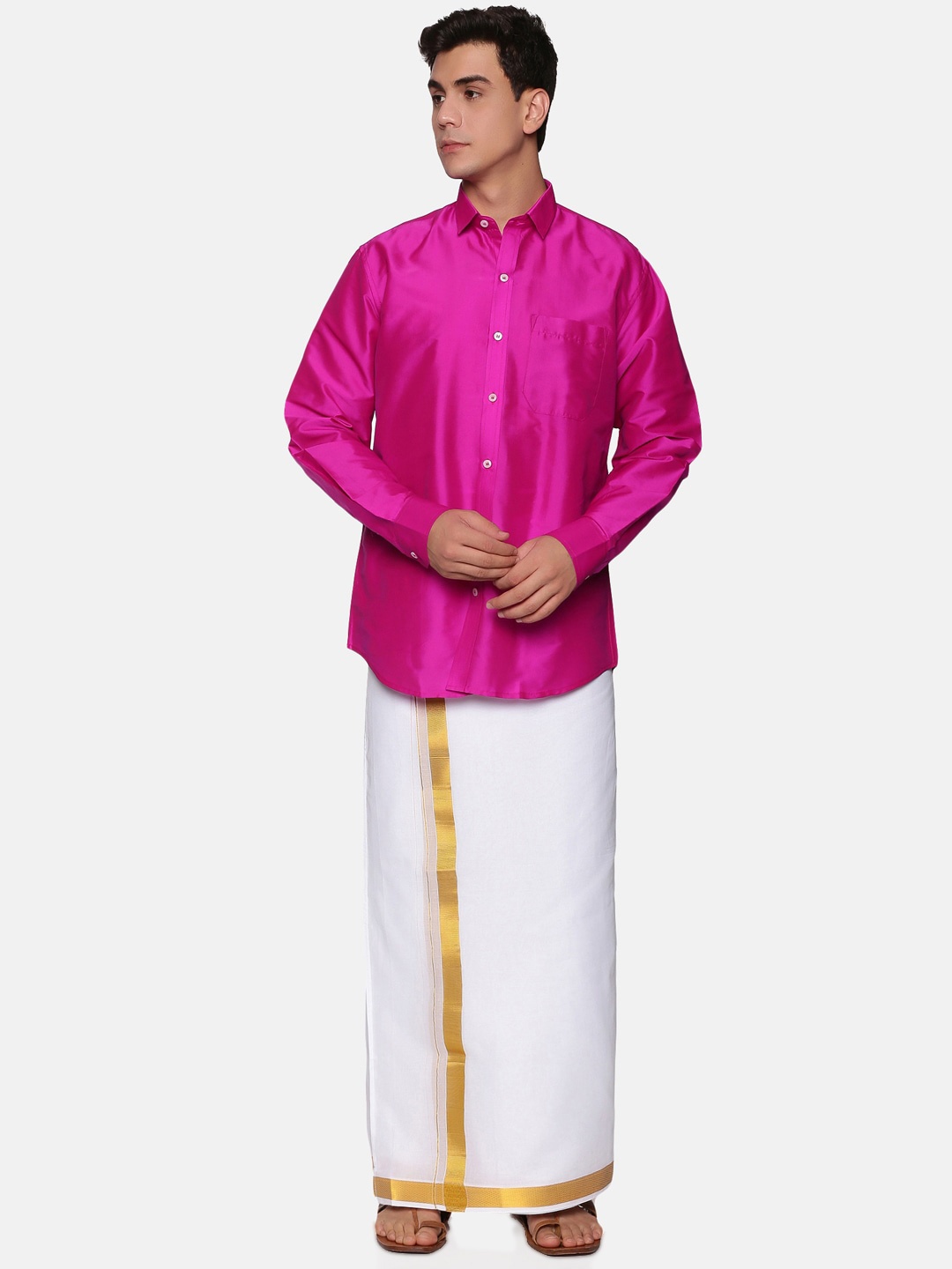 

Sethukrishna Men Pink & White Shirt & Veshti Set