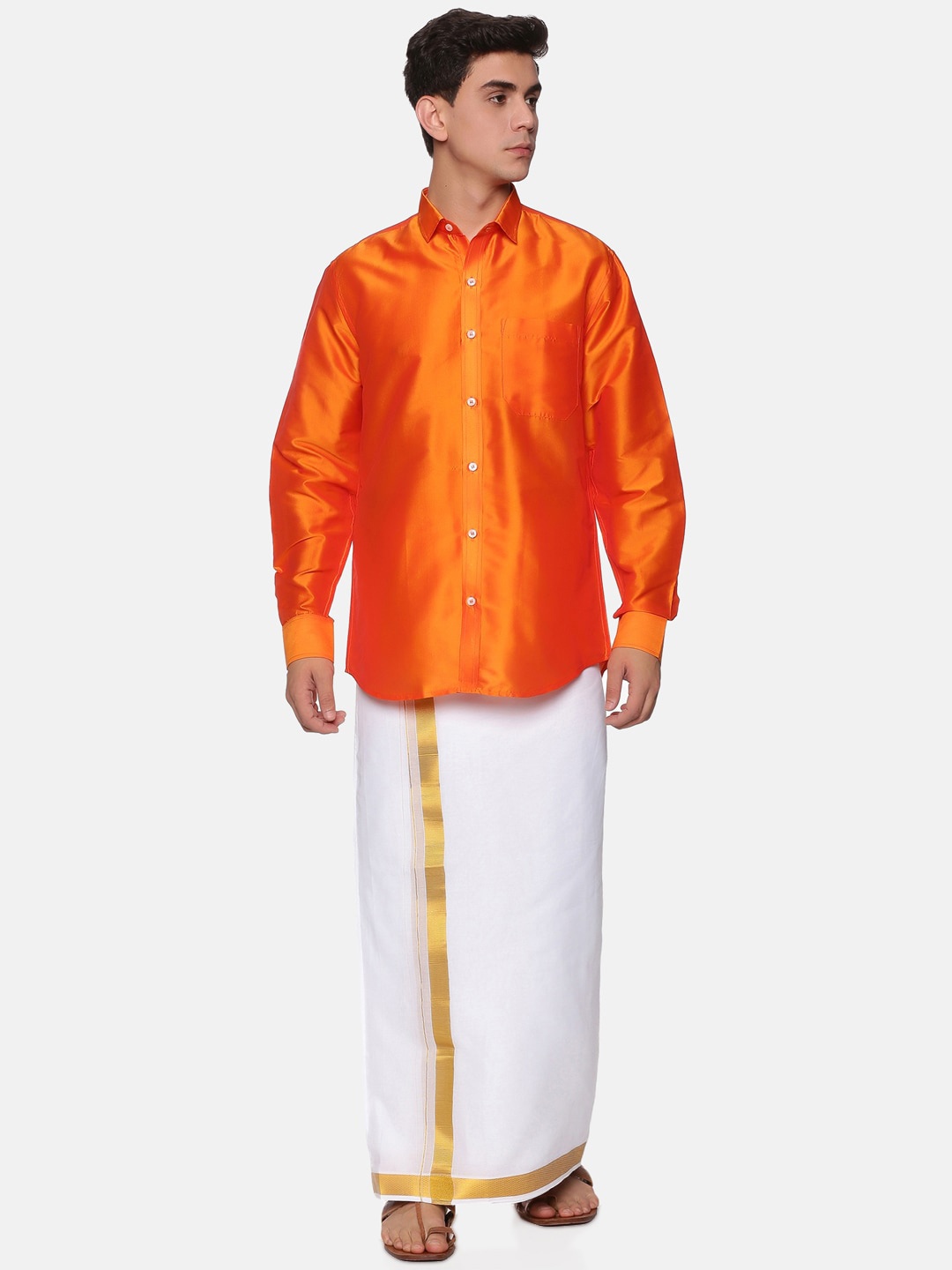 

Sethukrishna Men Orange & White Shirt & Veshti Set