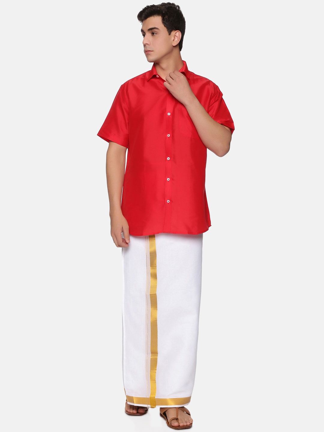 

Sethukrishna Men Red & White Pure Cotton Shirt & Veshti