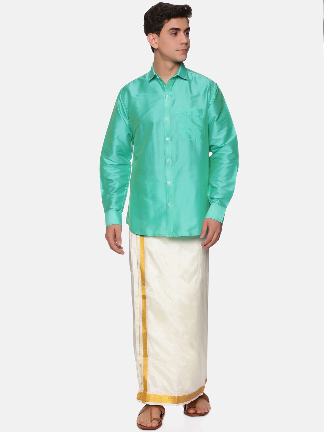 

Sethukrishna Men Sea Green & White Shirt & Veshti