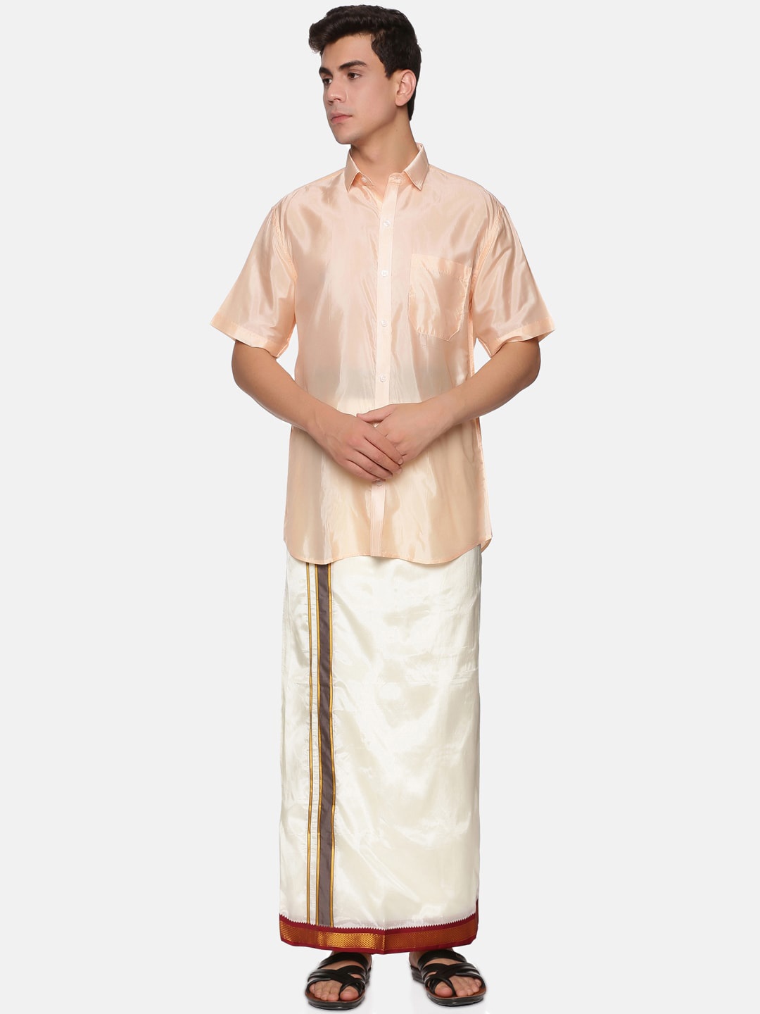

Sethukrishna Men Peach-Coloured & White Shirt & Veshti