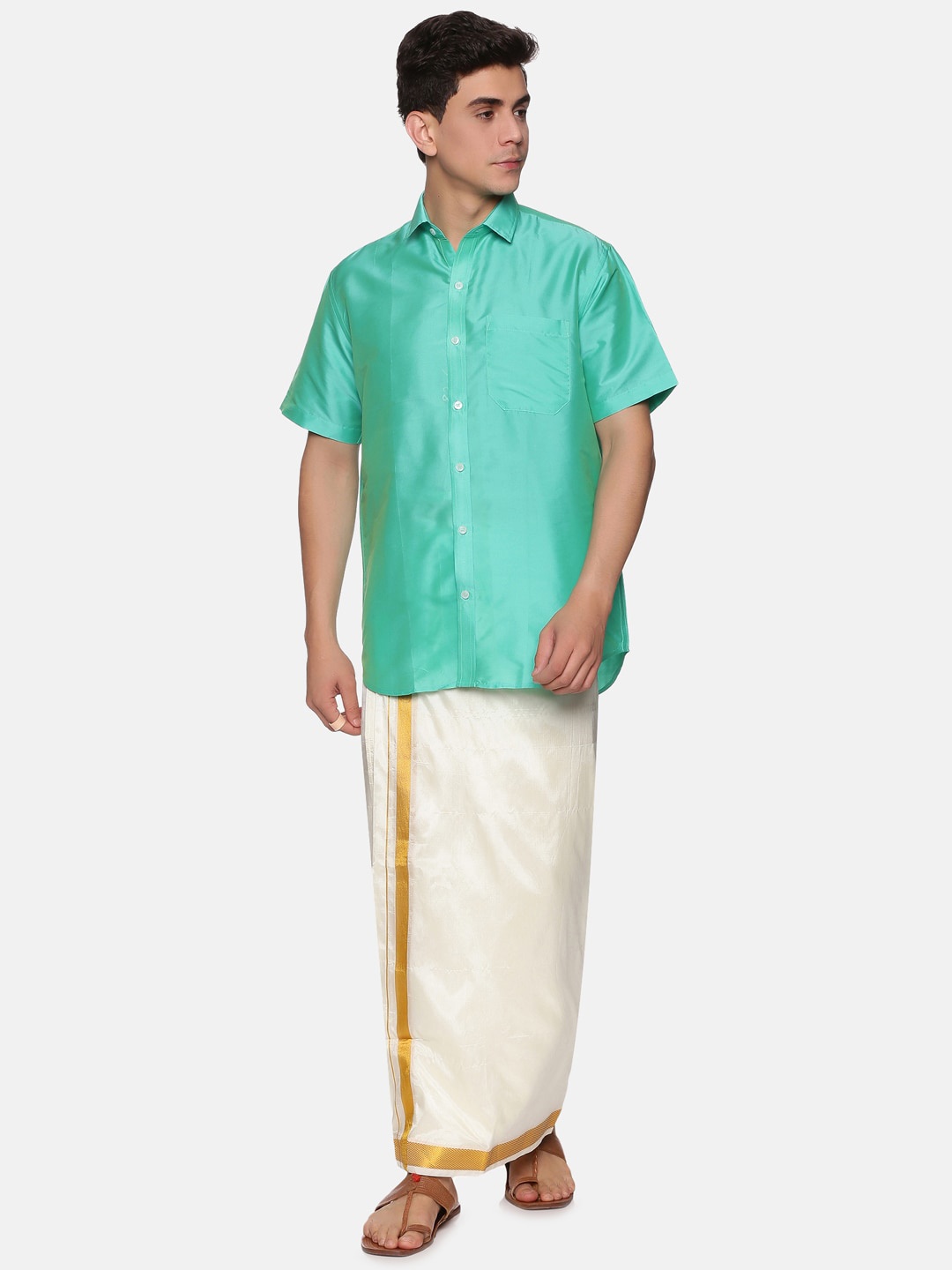 

Sethukrishna Men Sea Green & White Shirt & Veshti