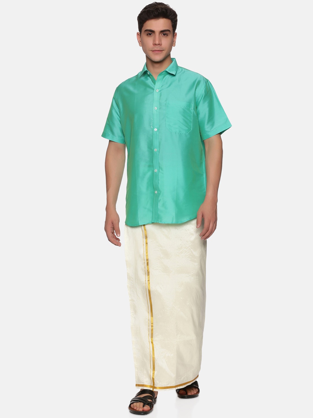 

Sethukrishna Men Sea Green & White Shirt & Veshti