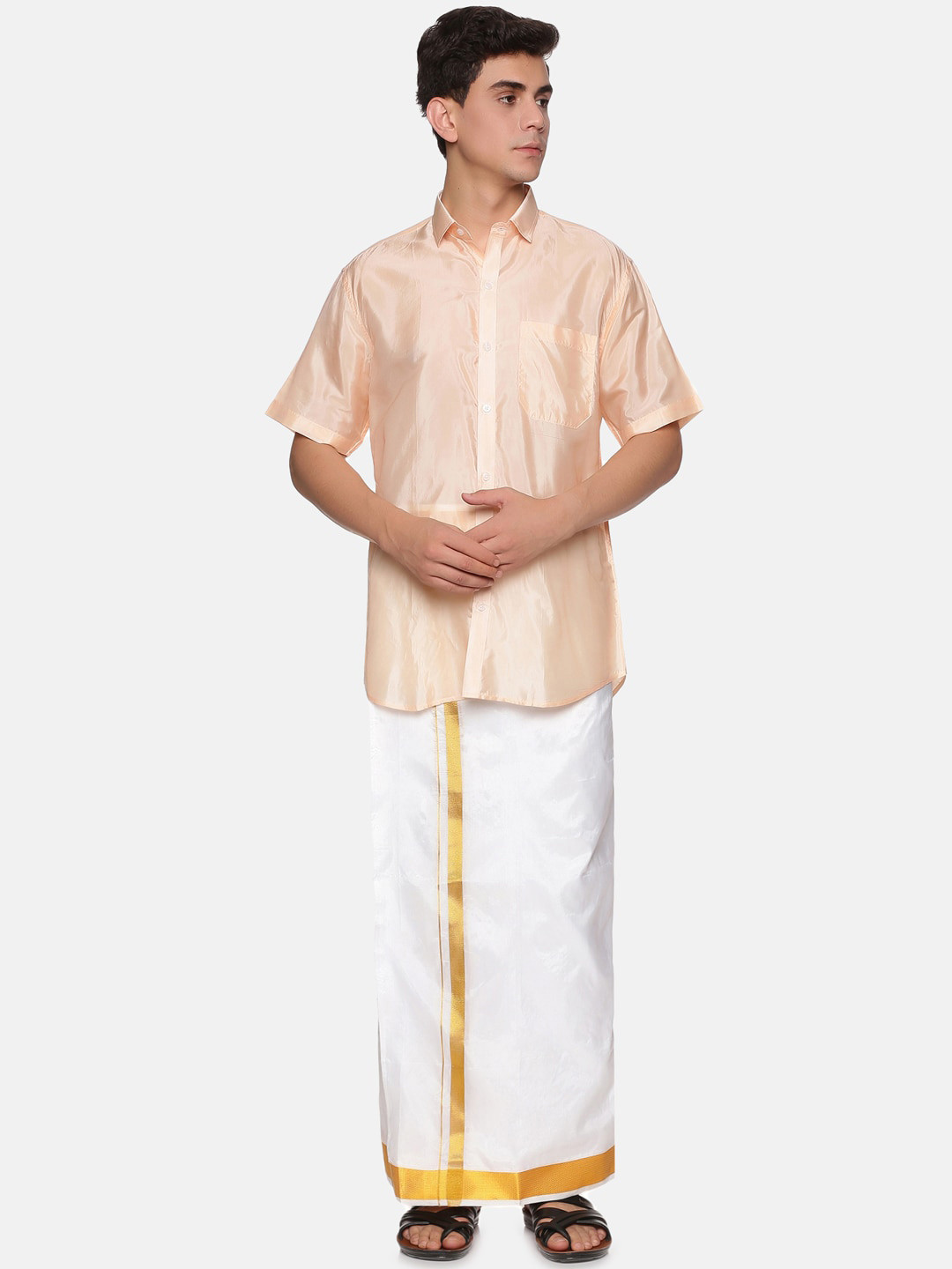 

Sethukrishna Men Peach & White Shirt & Veshti, Orange