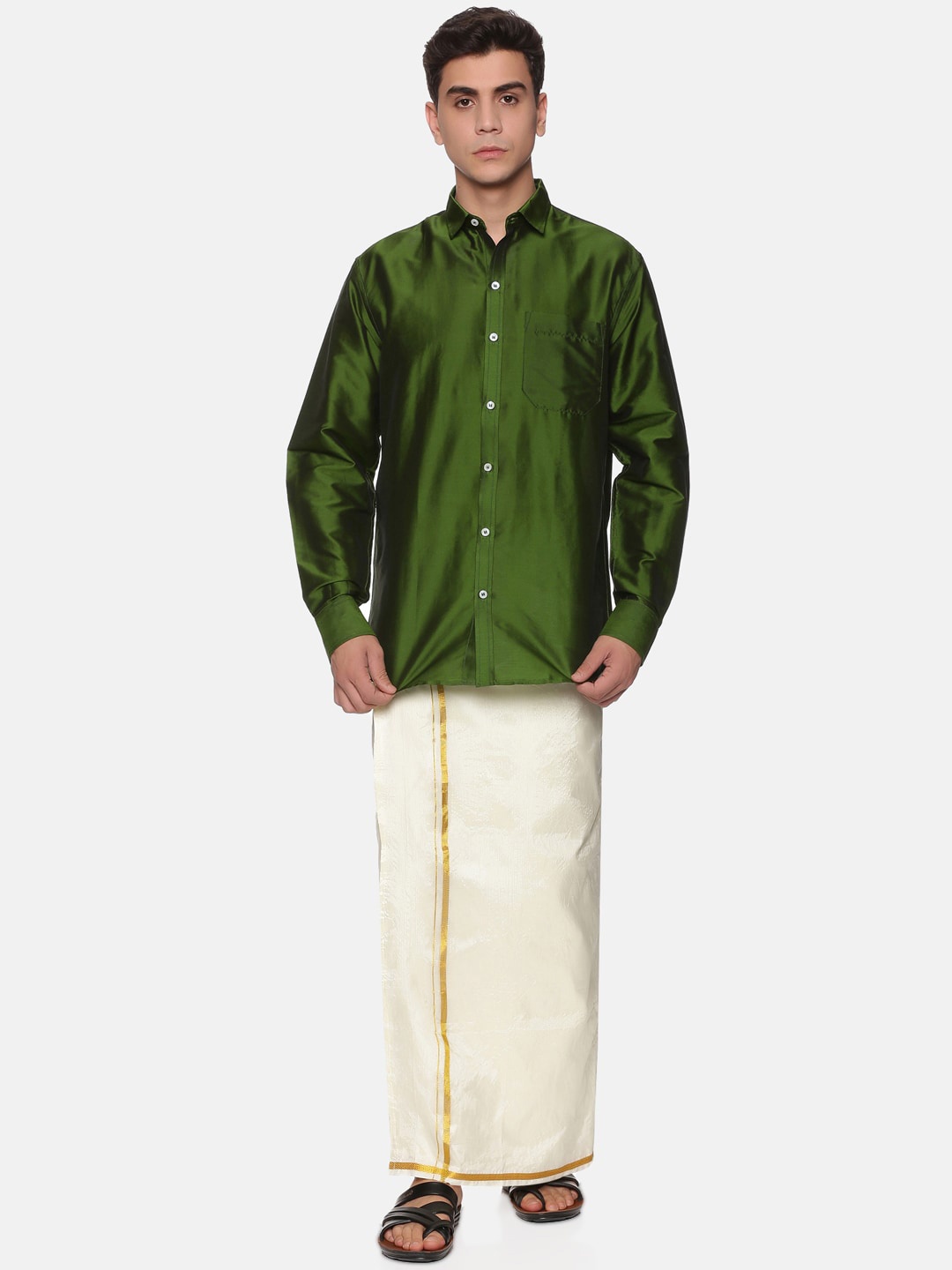 

Sethukrishna Men Olive Green & White Shirt & Veshti