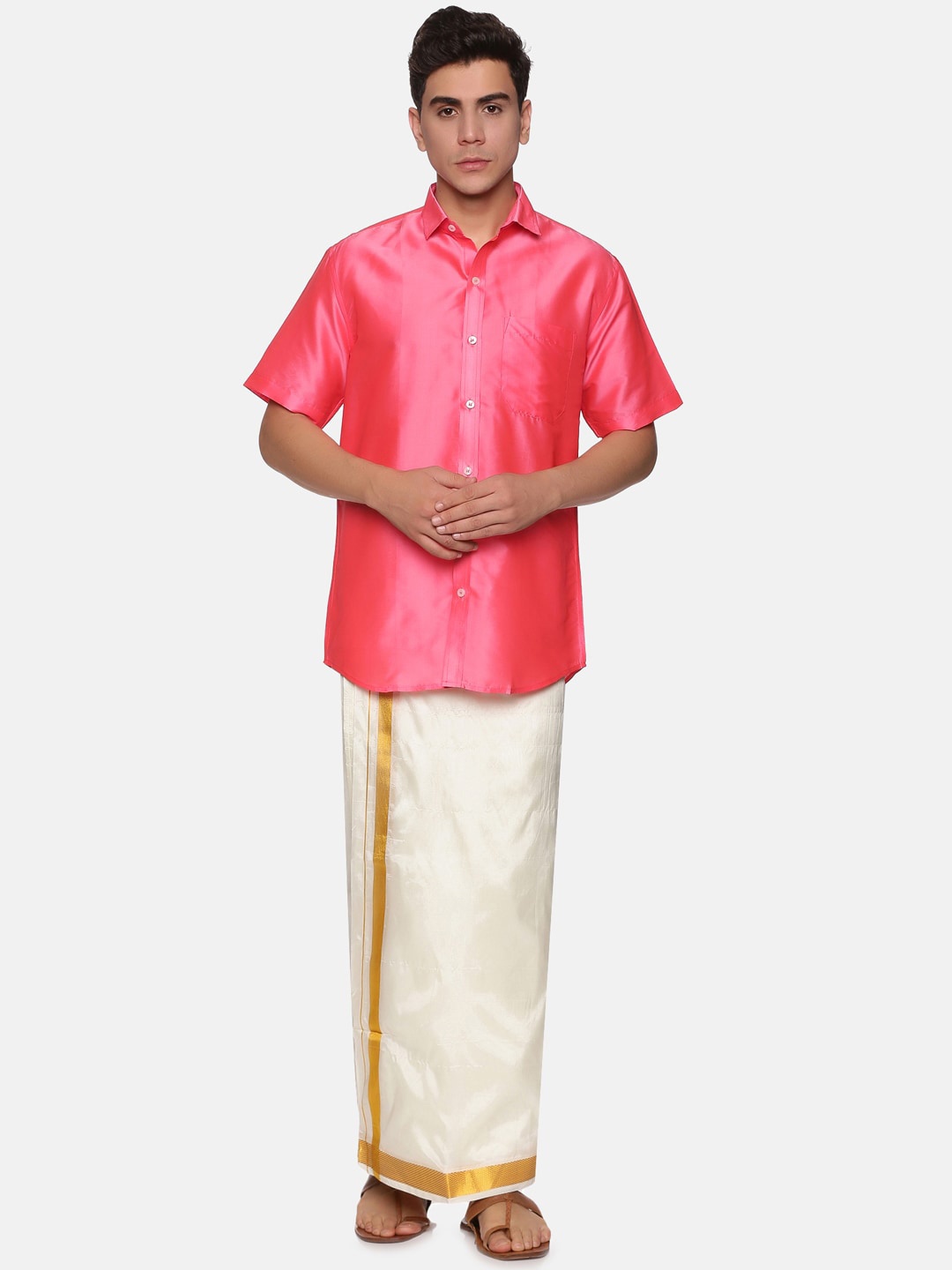 

Sethukrishna Men Pink & White Shirt & Veshti