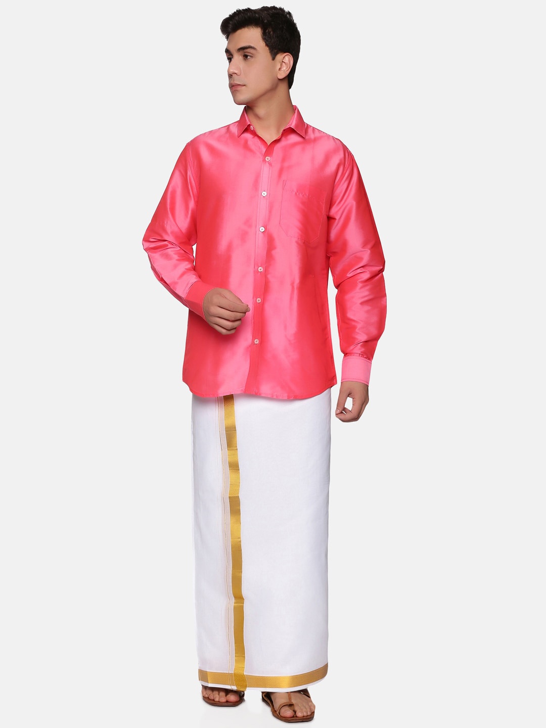 

Sethukrishna Men Pink & White Pure Cotton Shirt with Dhoti