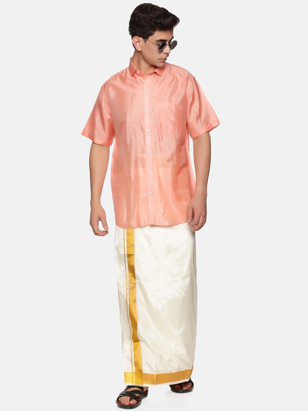 

Sethukrishna Men Peach & White Pure Cotton Shirt with Dhoti