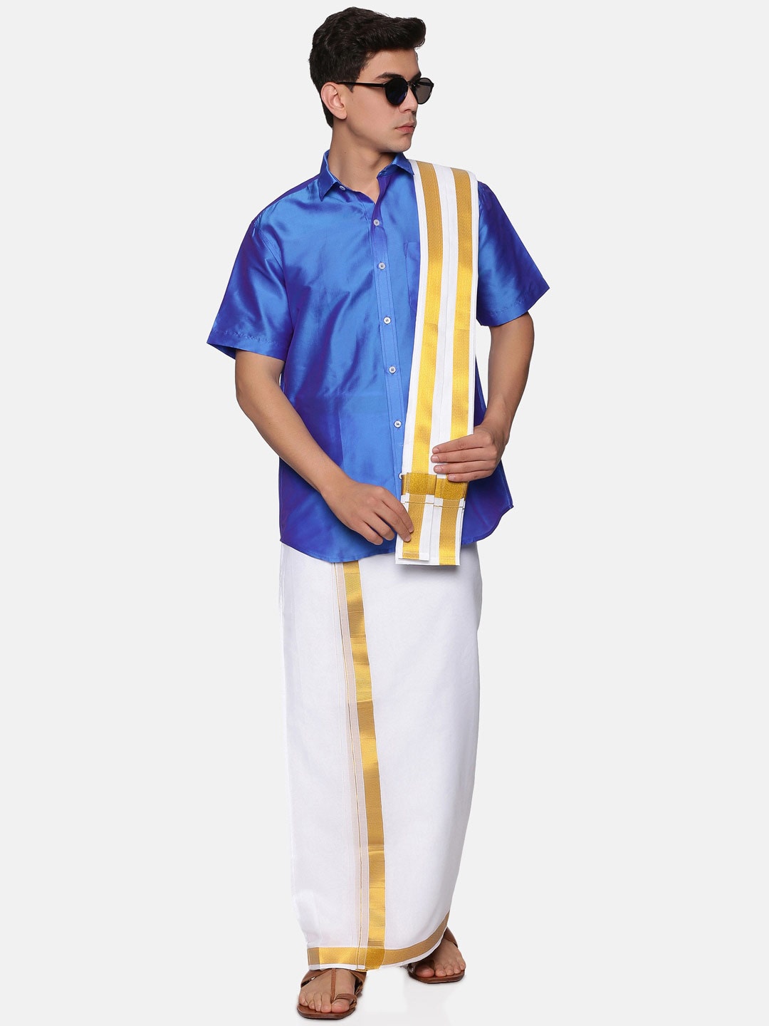 

Sethukrishna Men Blue & White Shirt with Dhoti & Angavastram Set