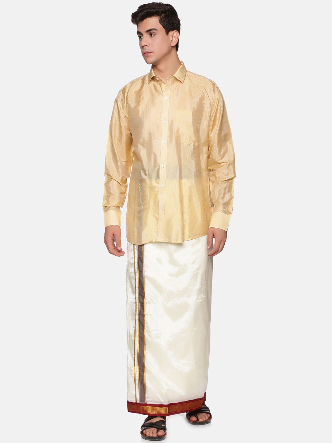 

Sethukrishna Men Beige & White Pure Cotton Shirt with Dhoti