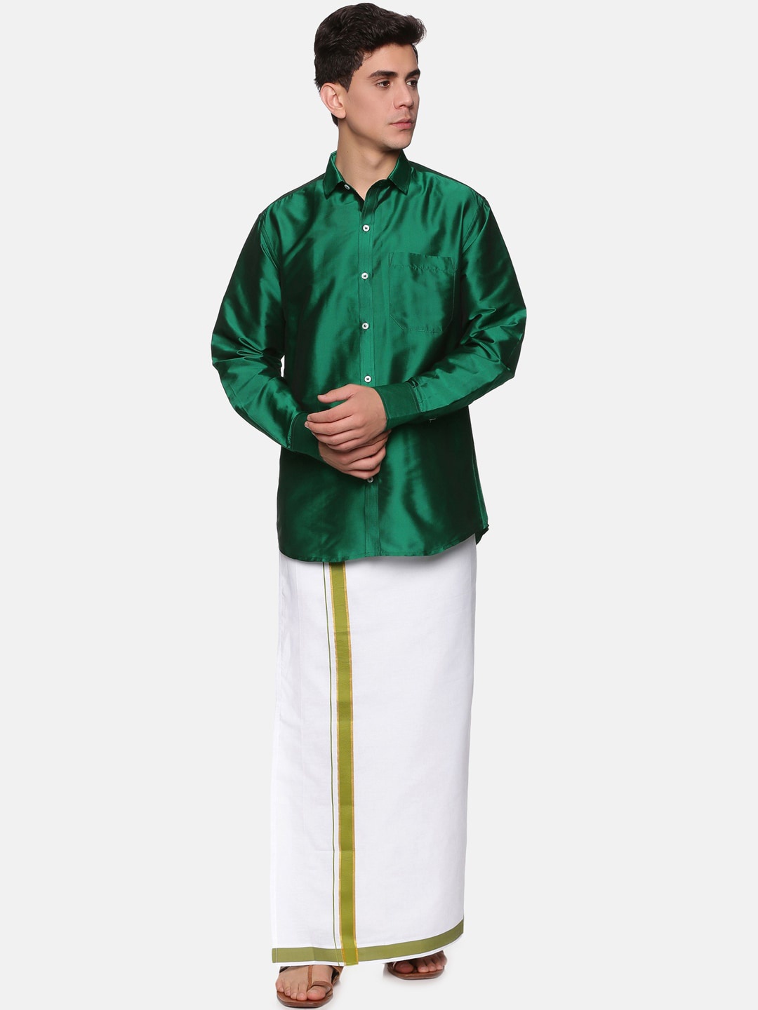 

Sethukrishna Men Green & White Pure Cotton Shirt with Dhoti