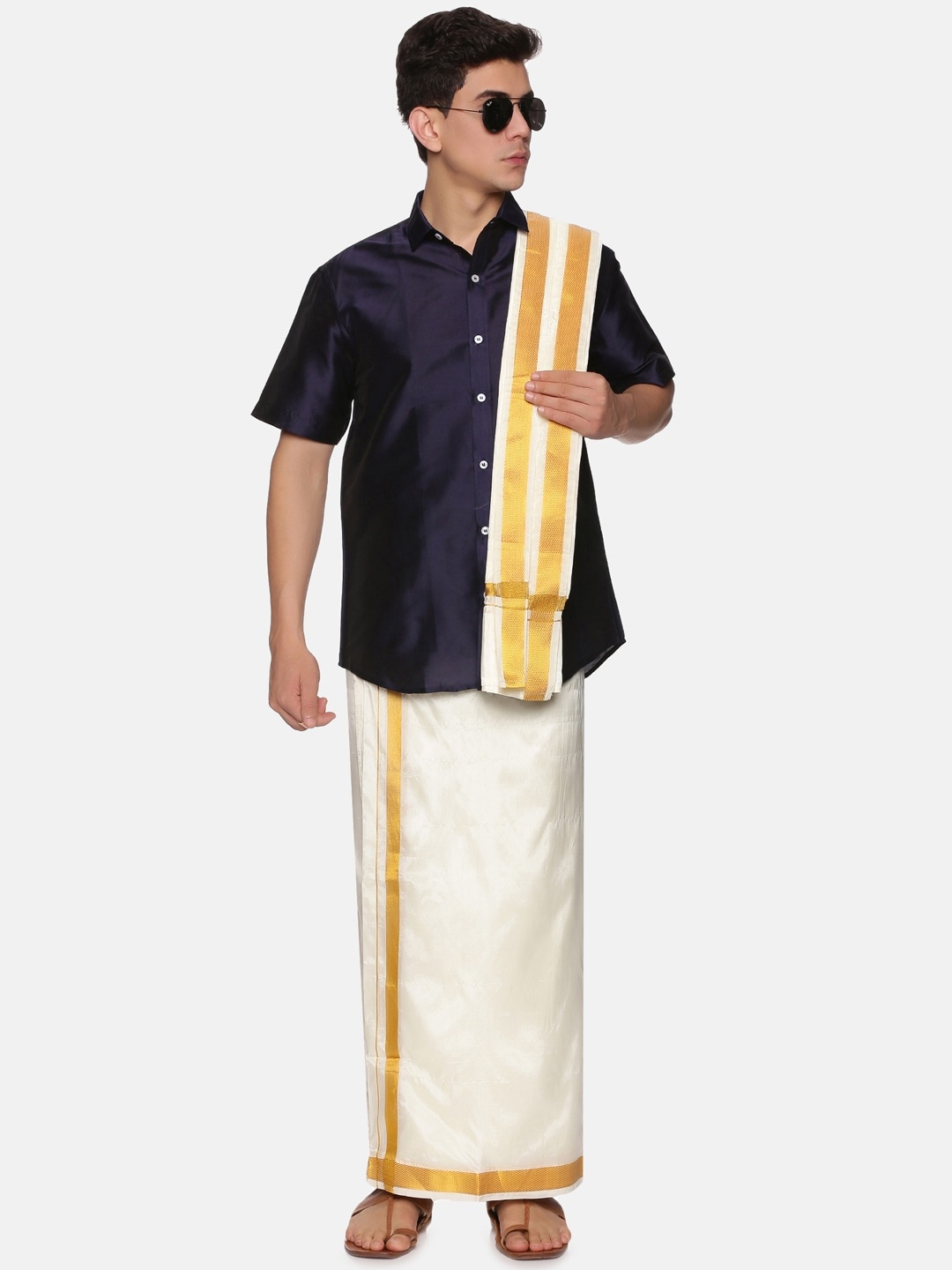 

Sethukrishna Men Blue & White Pure Cotton Shirt with Dhoti & Angavastram