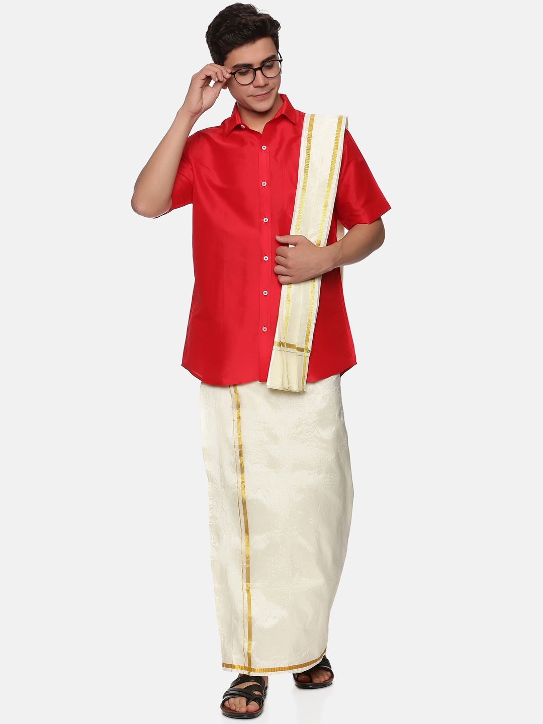 

Sethukrishna Men Red & White Pure Cotton Shirt with Dhoti & Angavastram