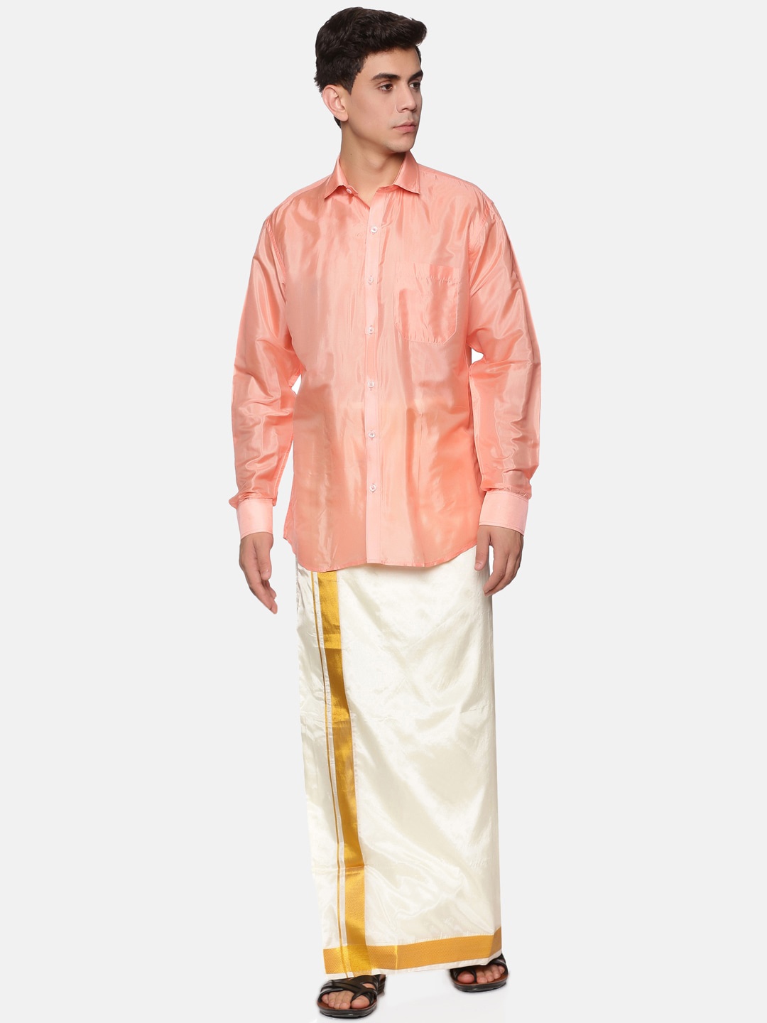 

Sethukrishna Men Peach & White Pure Cotton Shirt with Dhoti
