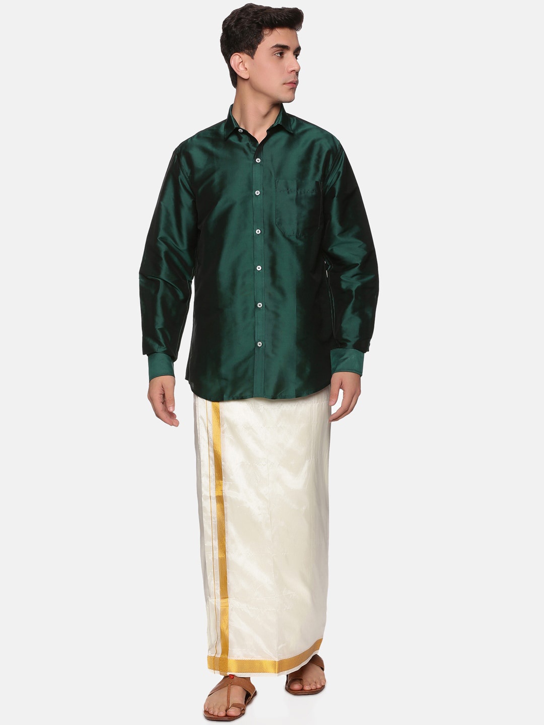 

Sethukrishna Men Green & White Pure Cotton Shirt with Dhoti & Angavastram