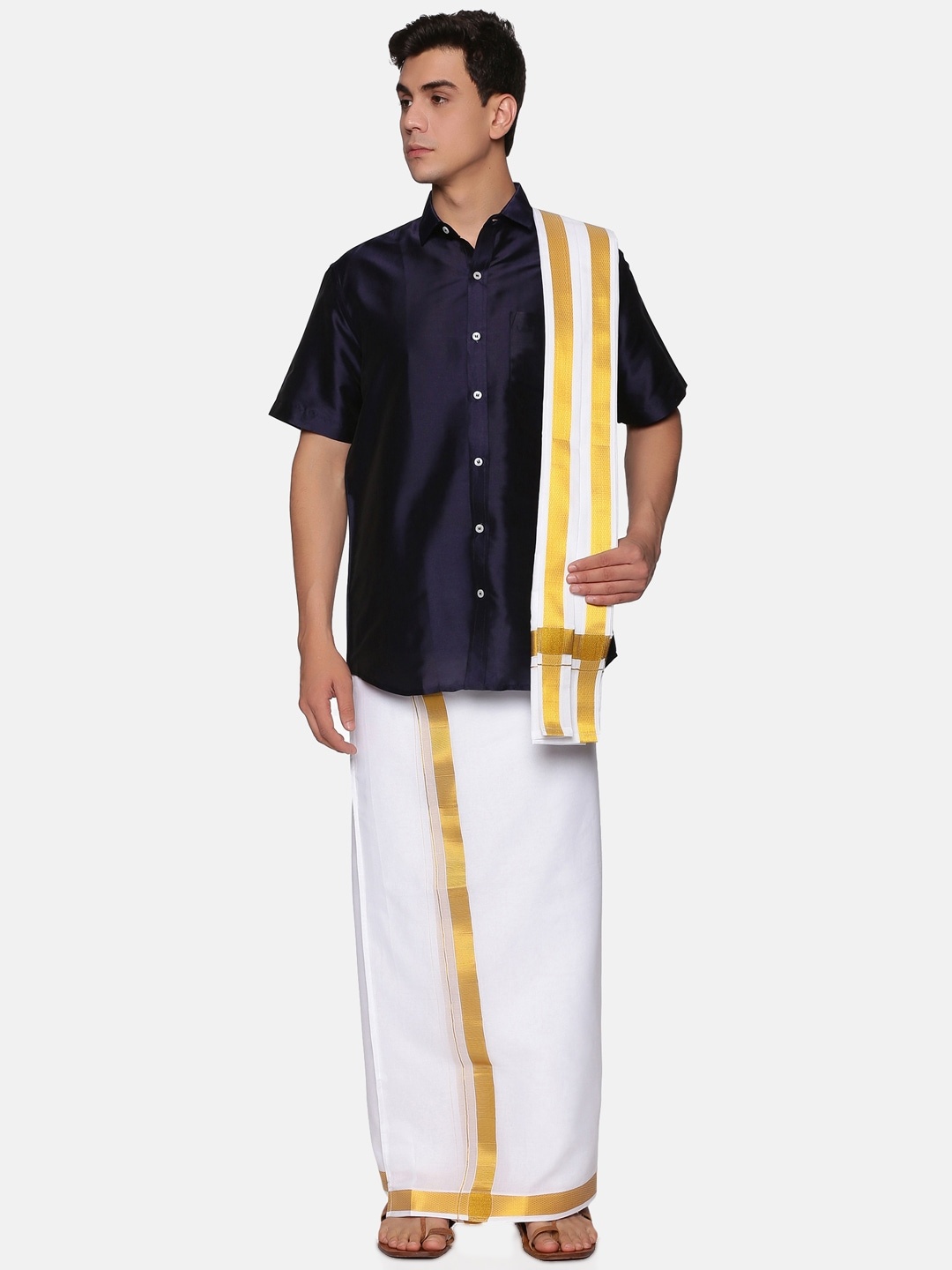 

Sethukrishna Men Blue & White Pure Cotton Shirt with Dhoti & Angavastram