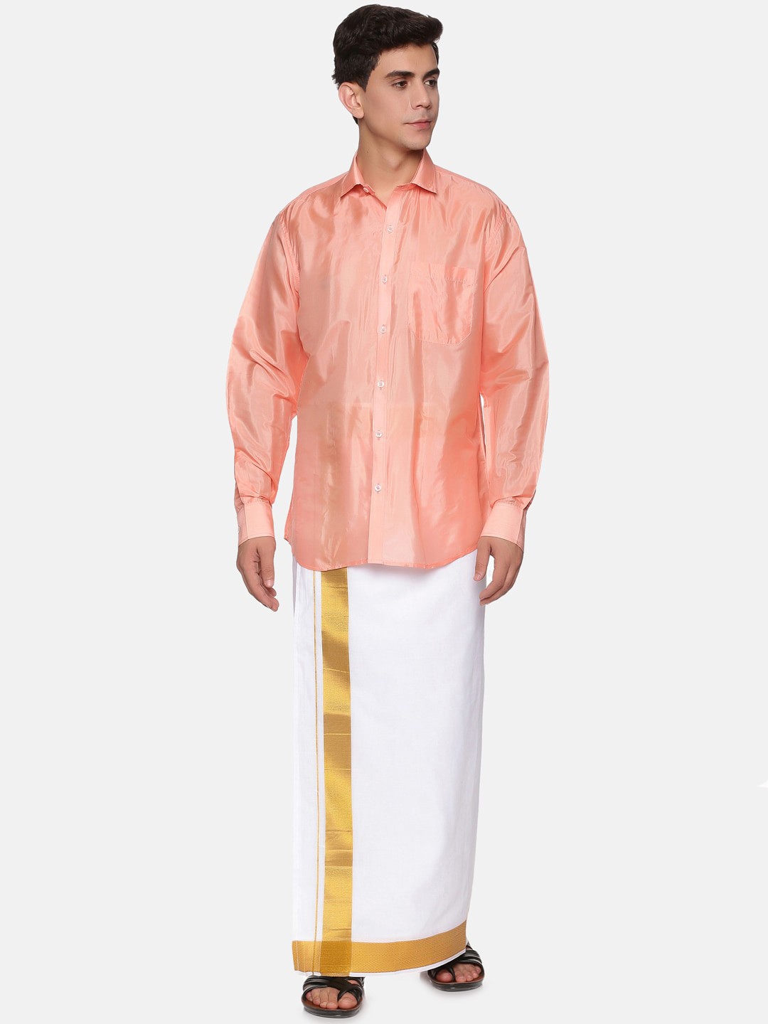 

Sethukrishna Men Peach & White Pure Cotton Shirt with Dhoti Pants