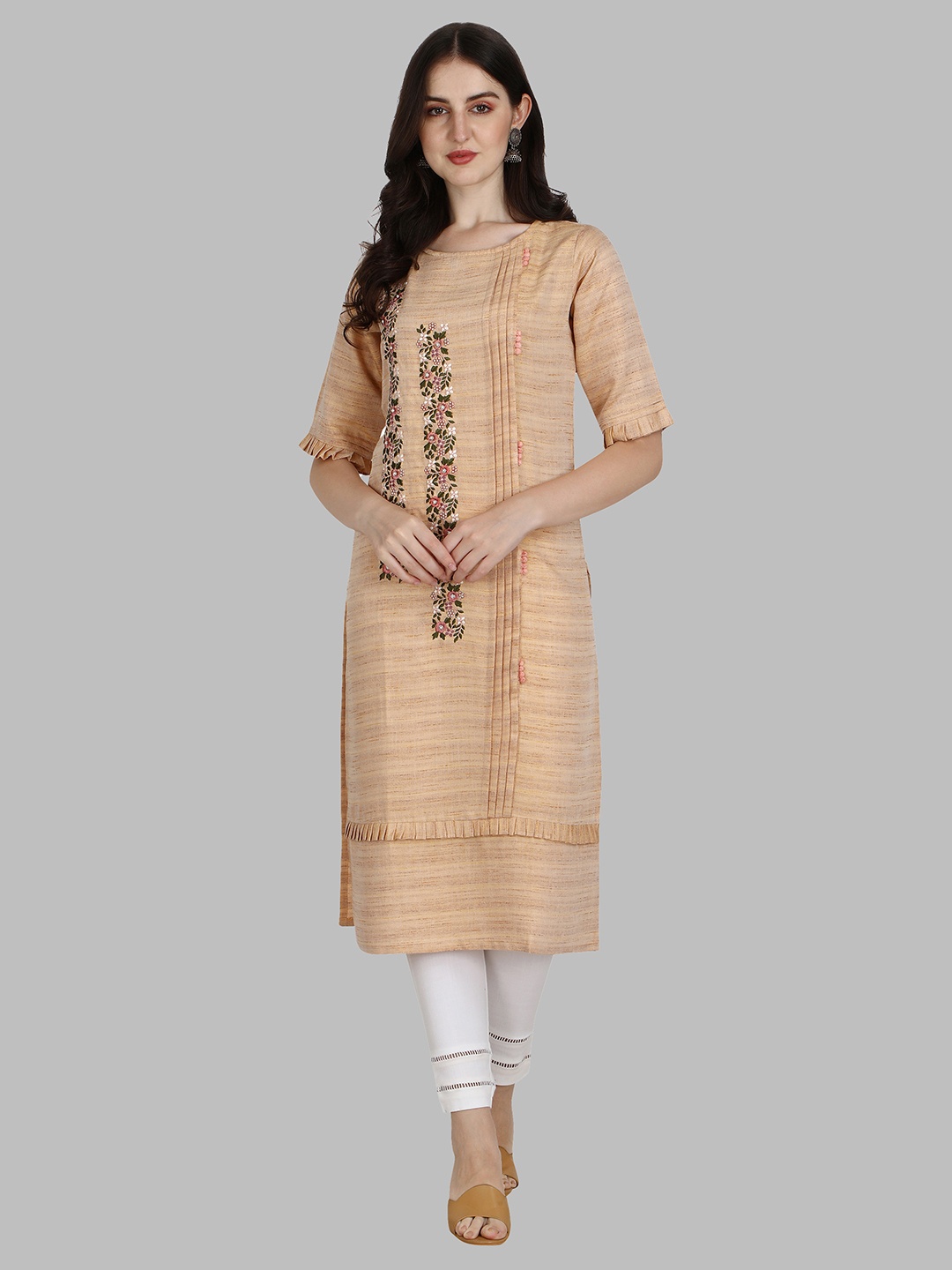 

Berrylicious Women Beige Floral Embroidered Thread Work Kurta With Trousers