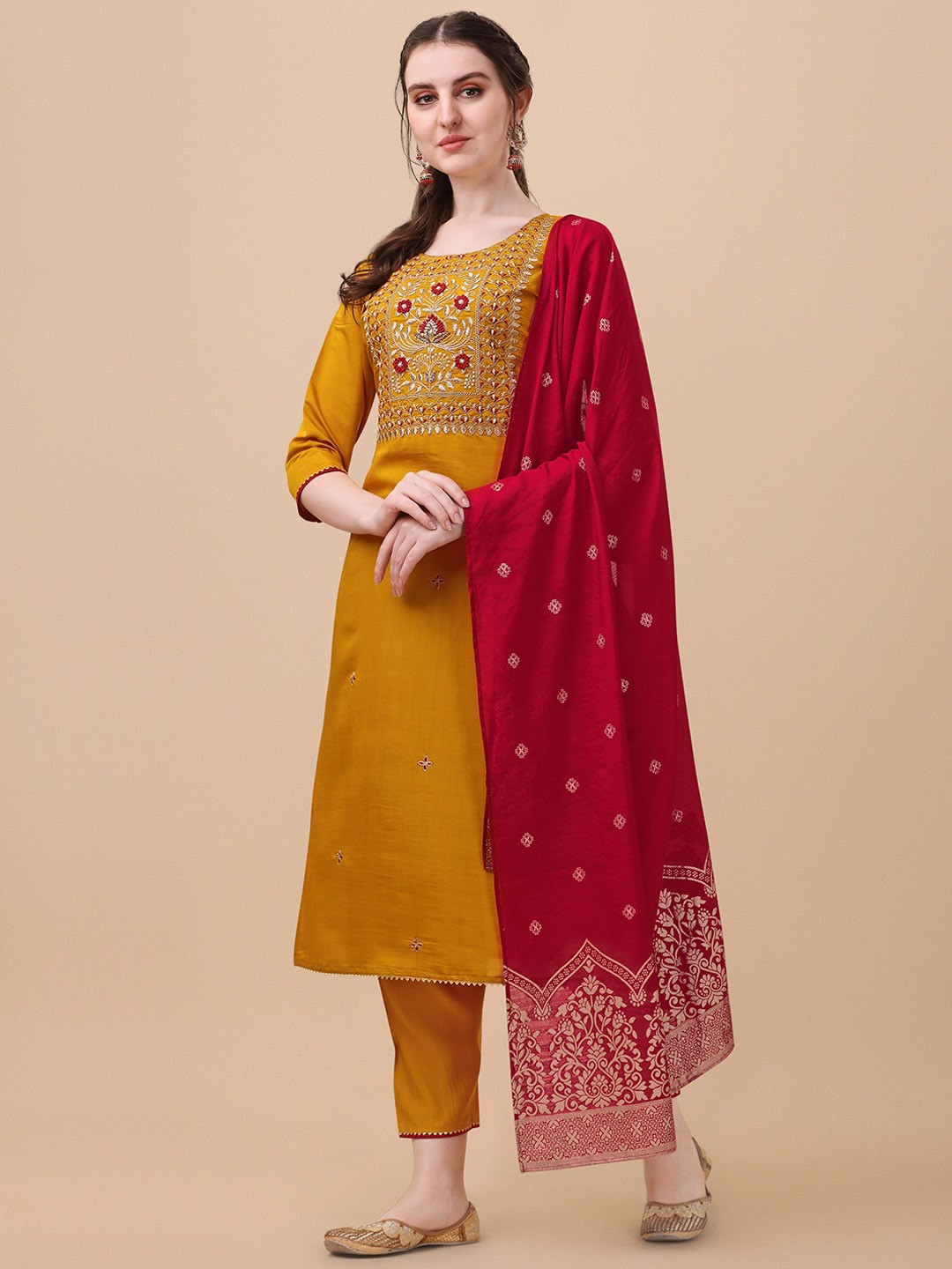 

Berrylicious Women Mustard Yellow Floral Embroidered Kurta With Trousers & Dupatta