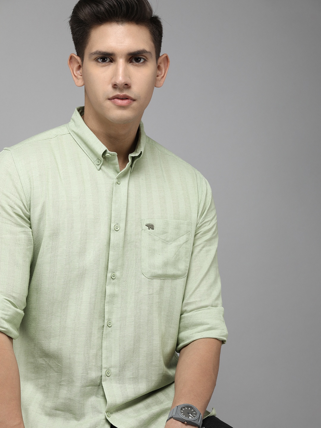

THE BEAR HOUSE Men Button-Down Collar Slim Fit Semi Sheer Striped Casual Shirt, Green