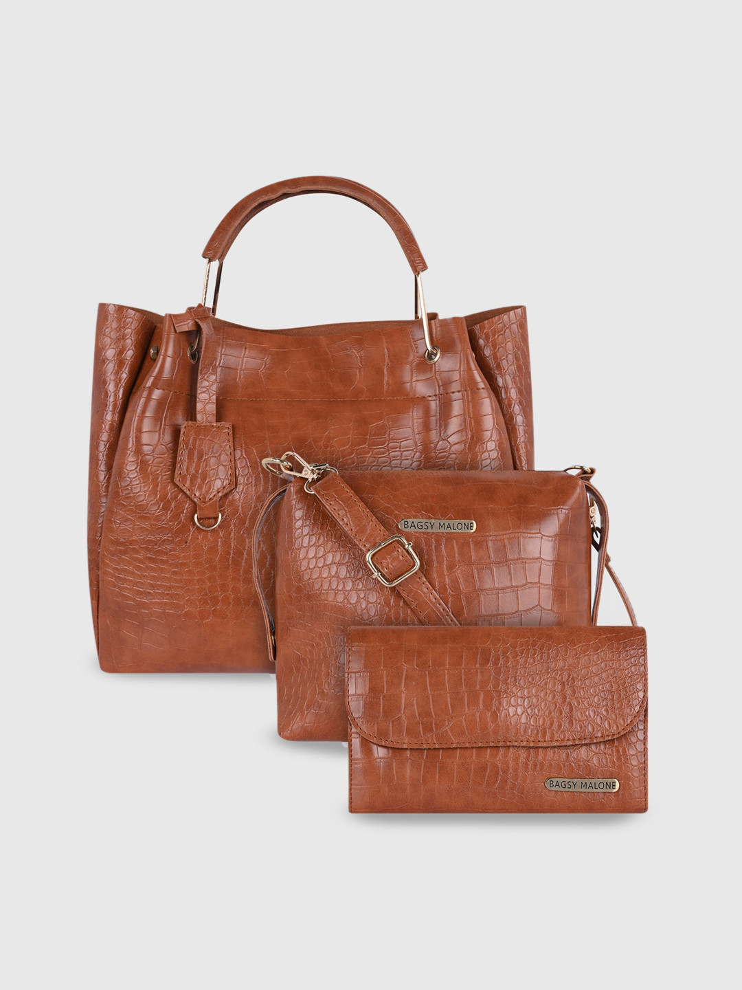 

Bagsy Malone Women Tan Animal Textured Combo 3 Pieces PU Shopper Handheld Bag Set