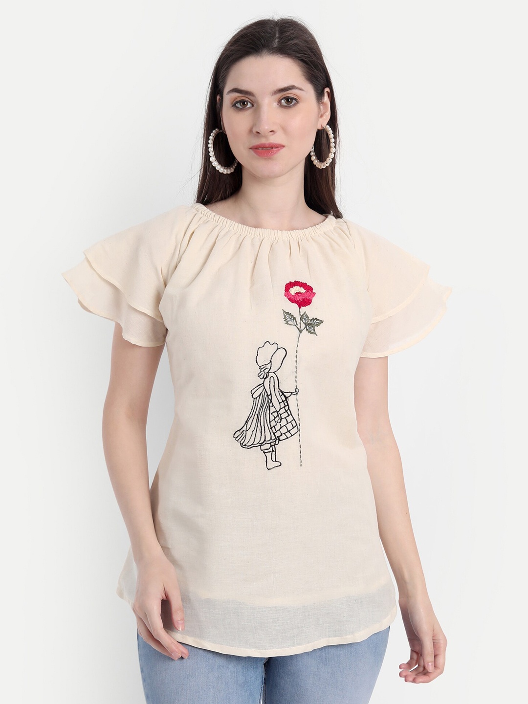 

Spiaty Beige & Black Embroidered Boat Neck Longline Top