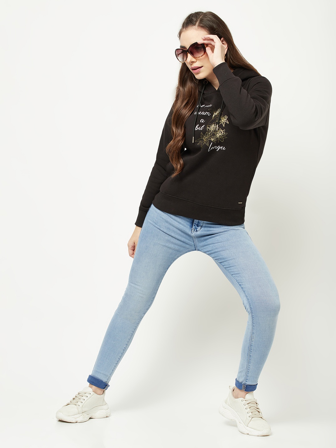 Crimsoune Club Women Black Printed Hooded Sweatshirt