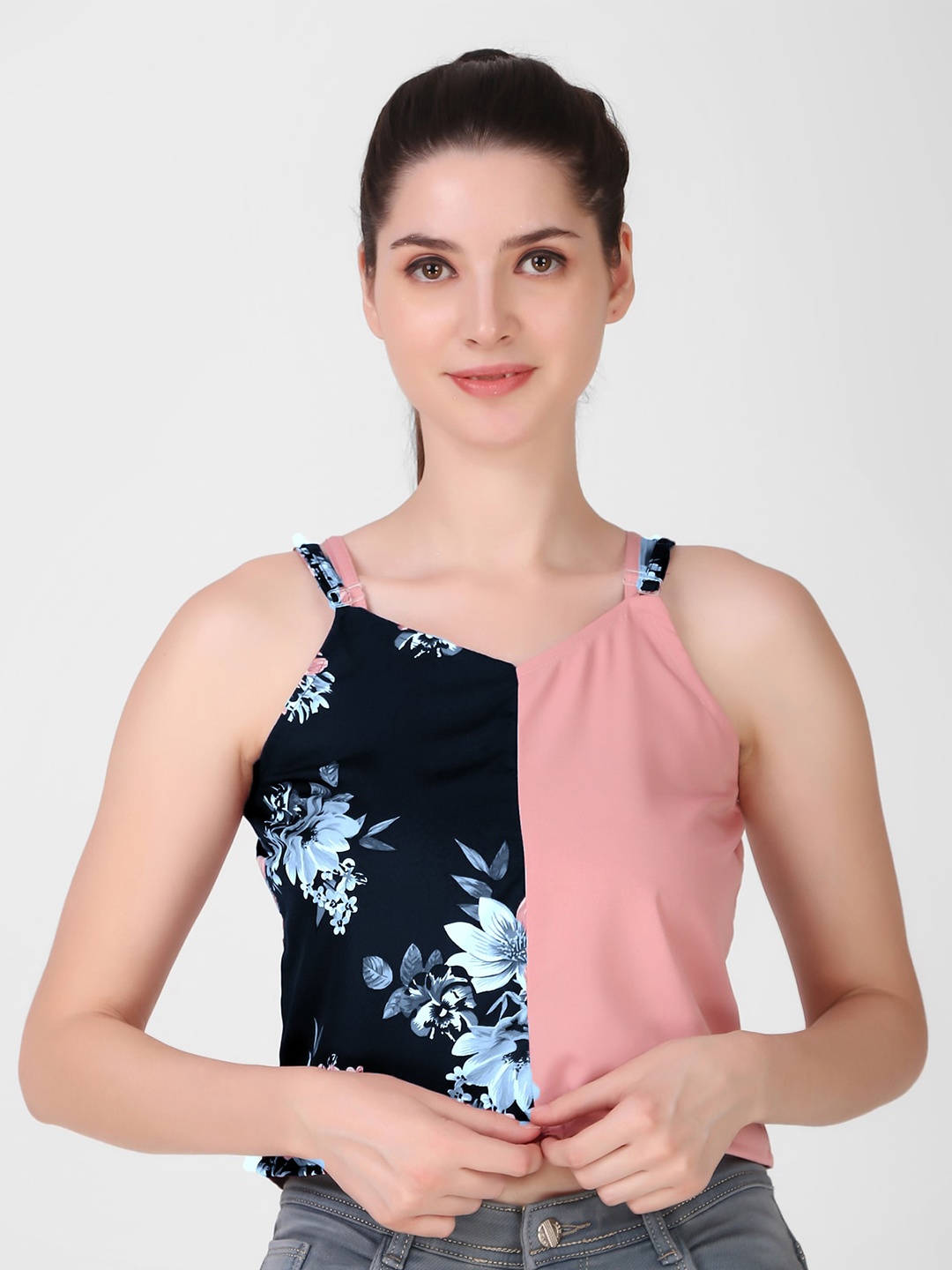 

Womenster Women Navy Blue & Peach-Coloured Floral Print Crepe Crop Top