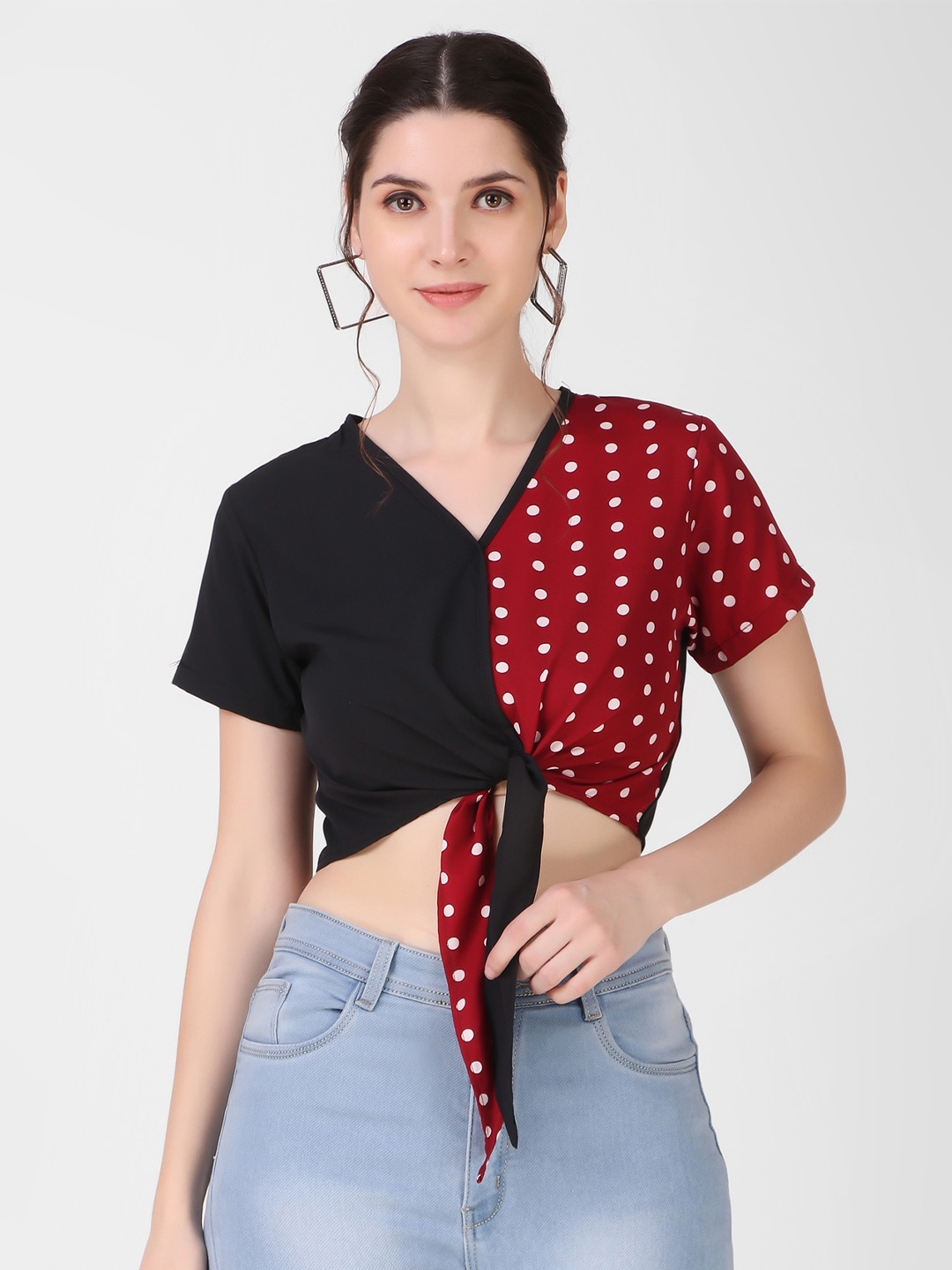

Womenster Black & Red Polka Dot Printed Crepe Crop Top