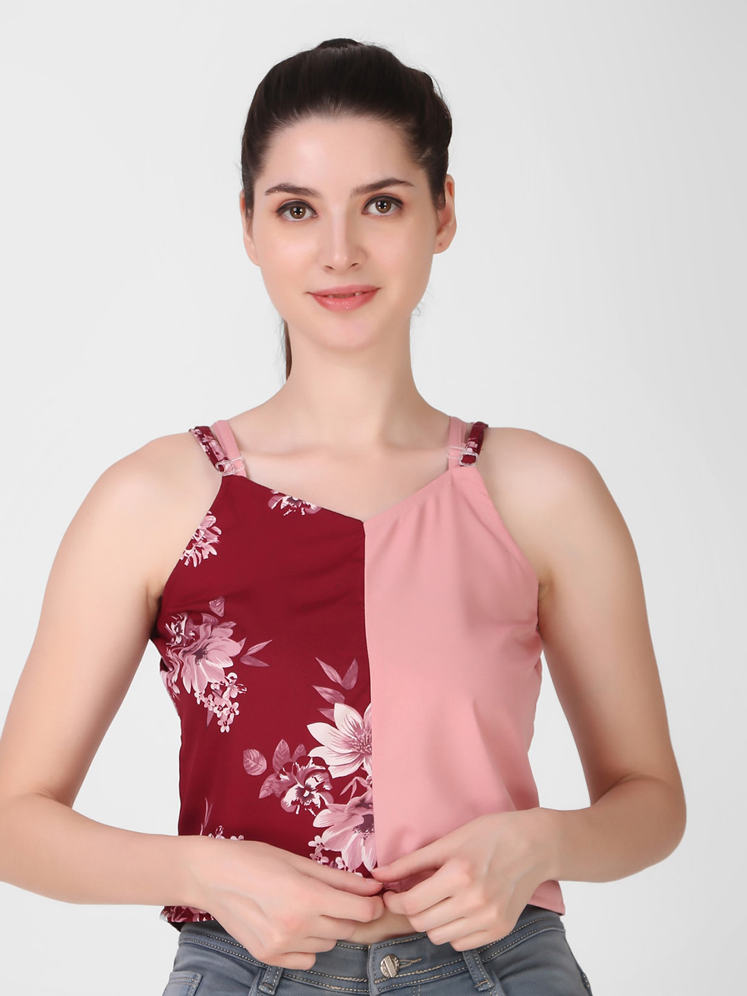 

Womenster Maroon Floral Print Crepe Top