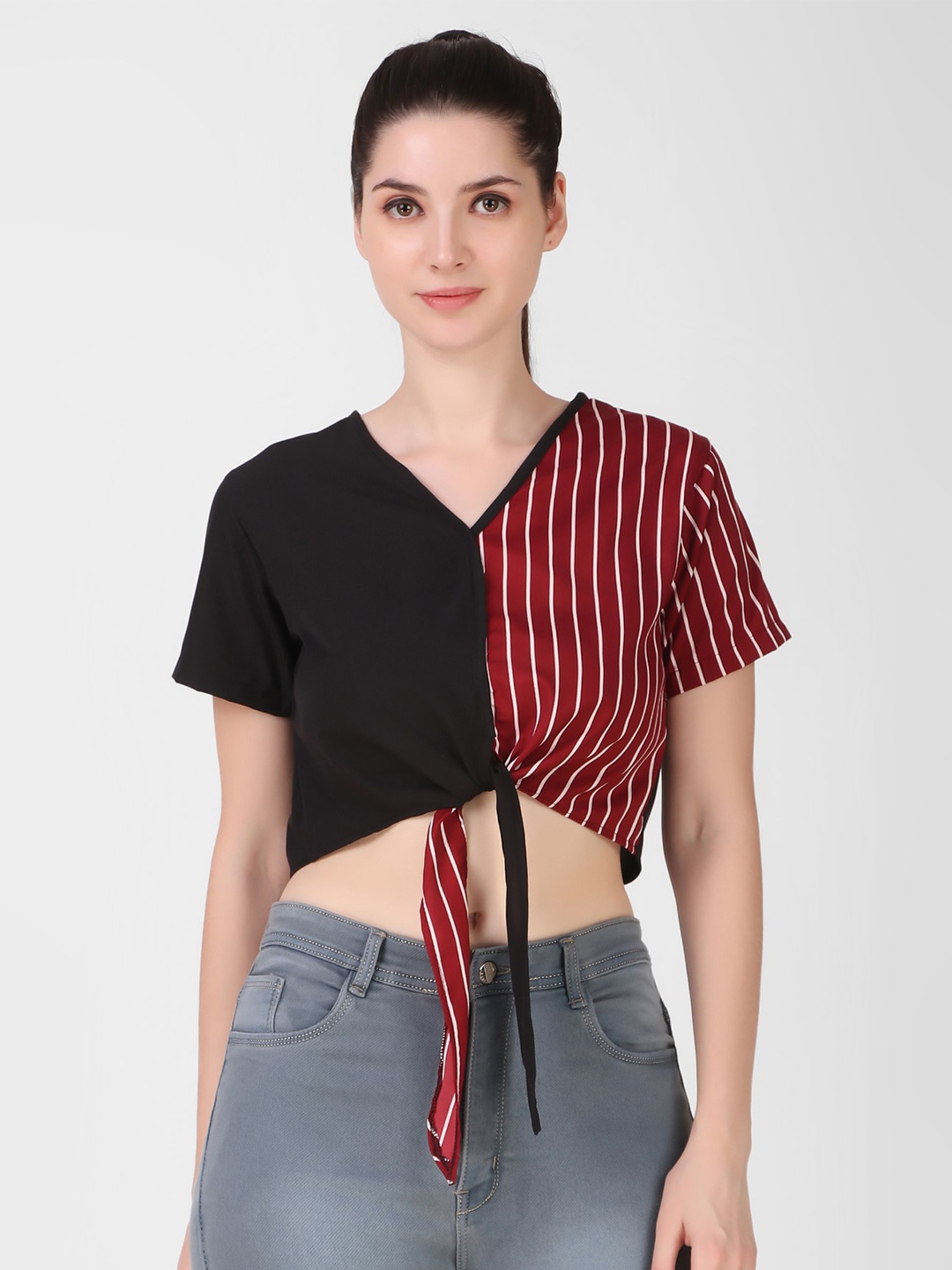 

Womenster Black & Red Striped Crepe Crop Top