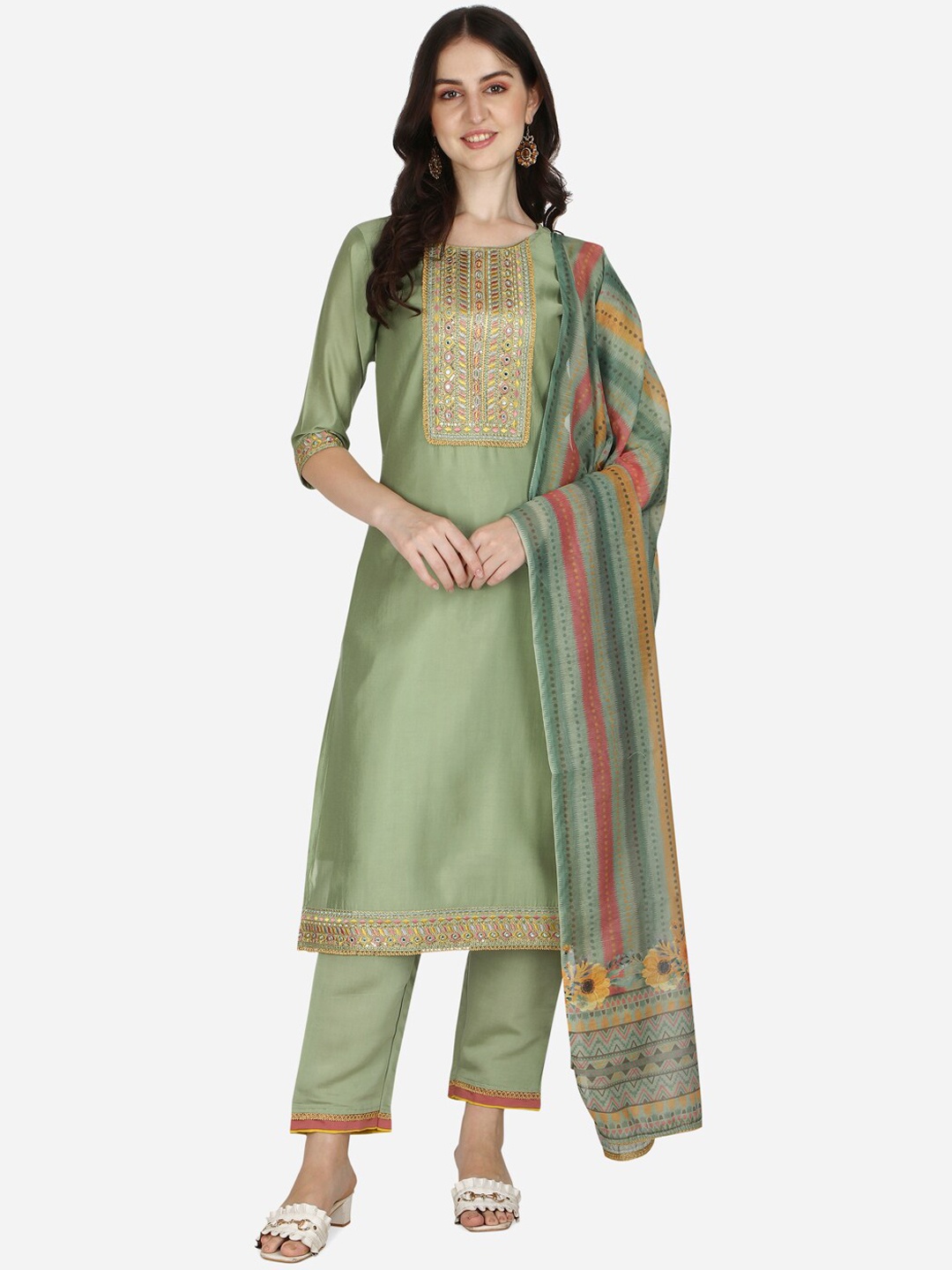 

Berrylicious Women Sea Green Floral Yoke Design Thread Work Kurta With Trousers & Dupatta