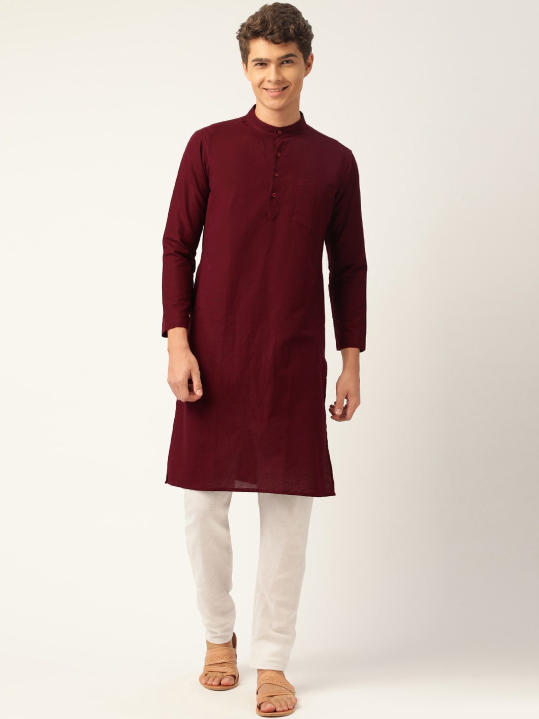 

WHITE HEART Men Maroon Straight Long Sleeved Cotton Kurta