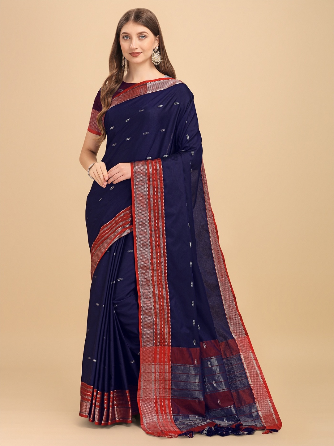 

TEREZA Navy Blue & Red Woven Design Zari Silk Cotton Banarasi Saree