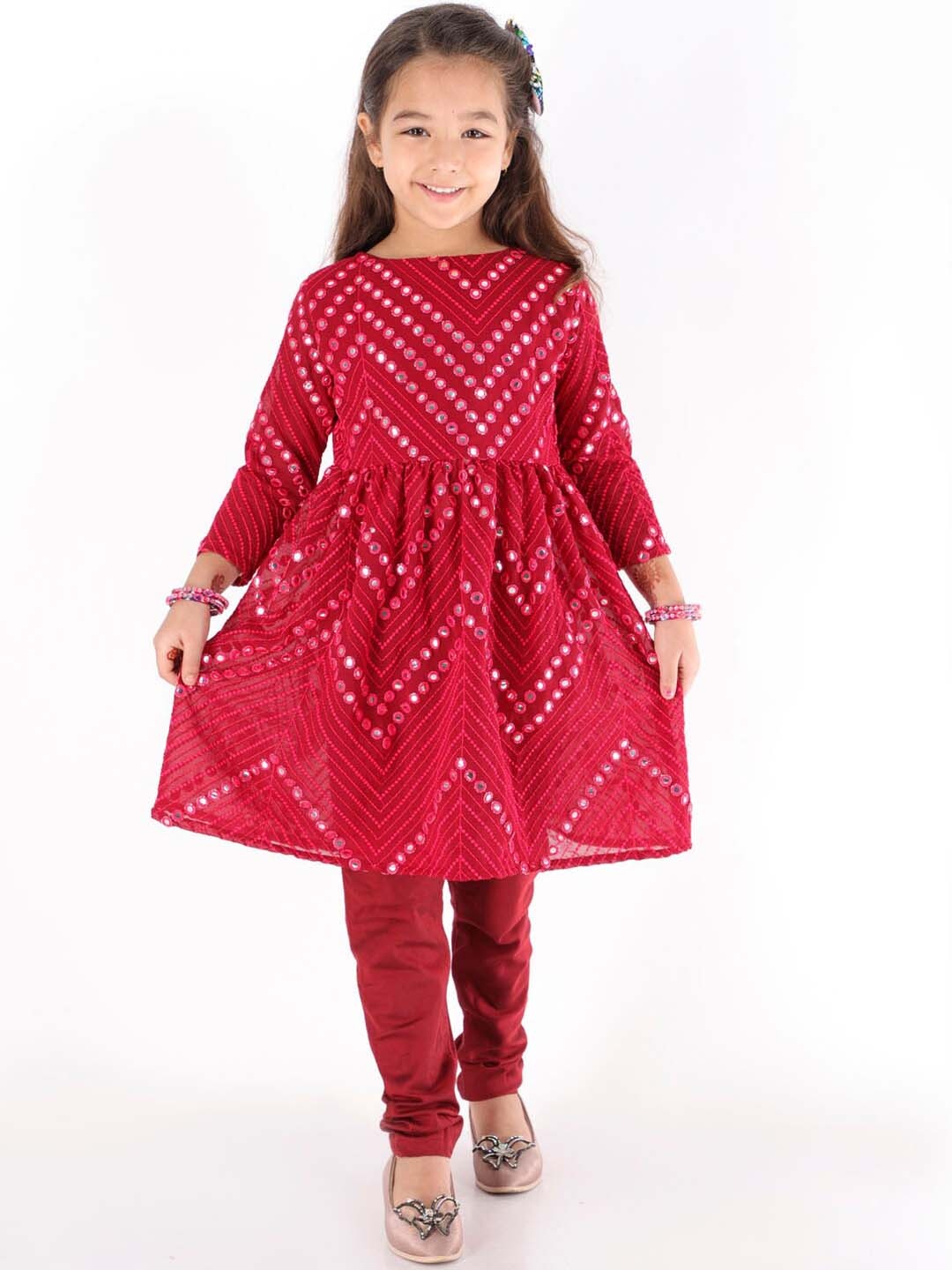 

VASTRAMAY Girls Maroon Embroidered Mirror Work Kurta With Churidar