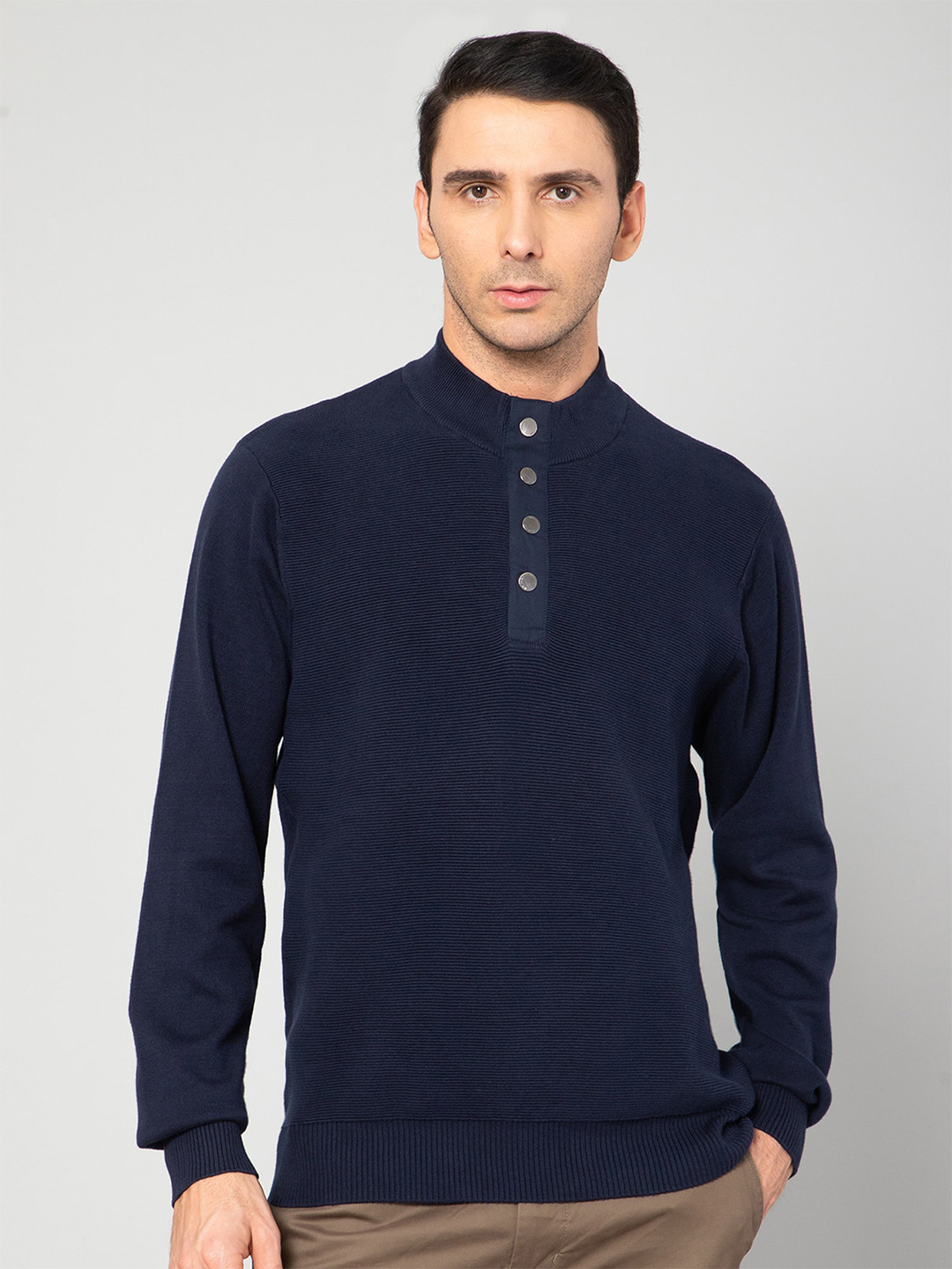 

Cantabil Men Navy Blue Ribbed Cotton Pullover