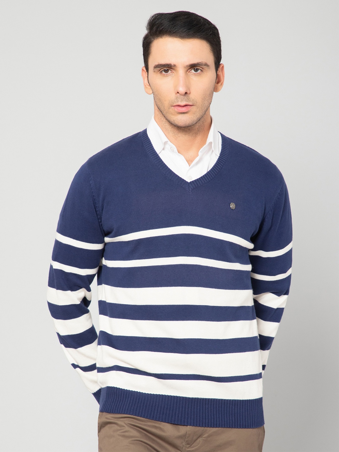 

Cantabil Men Navy Blue & White Striped Cotton Pullover