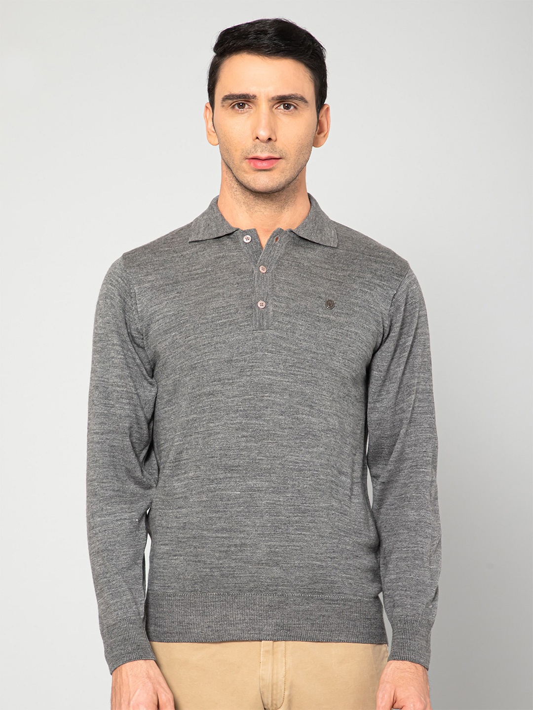 

Cantabil Men Grey Melange Polo Collar Acrylic Pullover