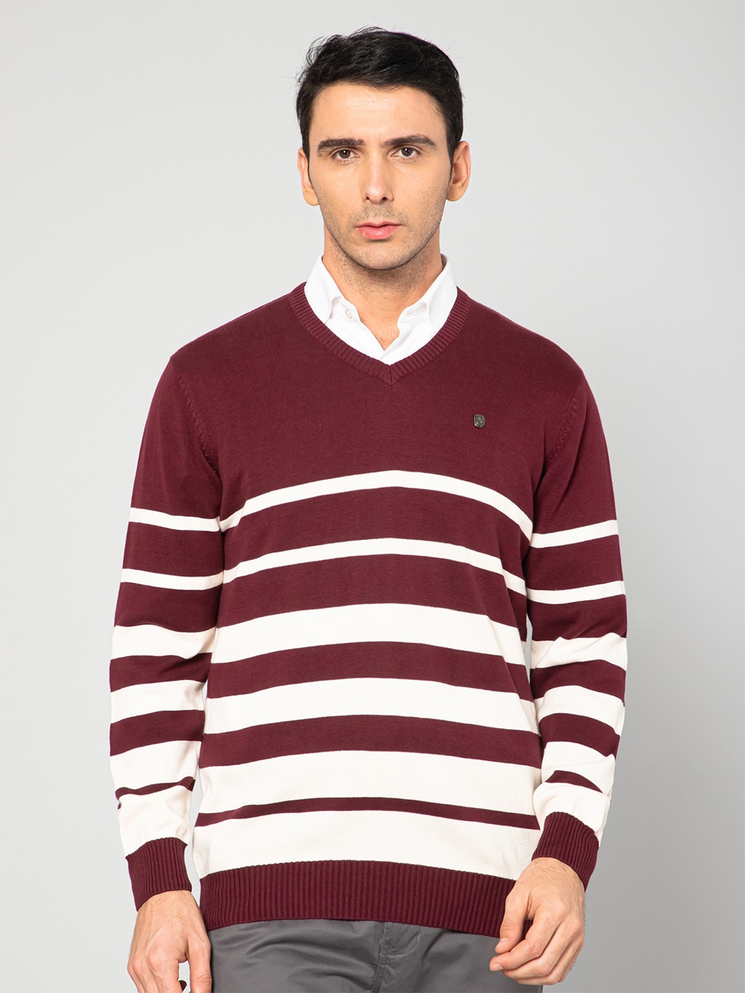 

Cantabil Men Maroon & White Striped Cotton Pullover