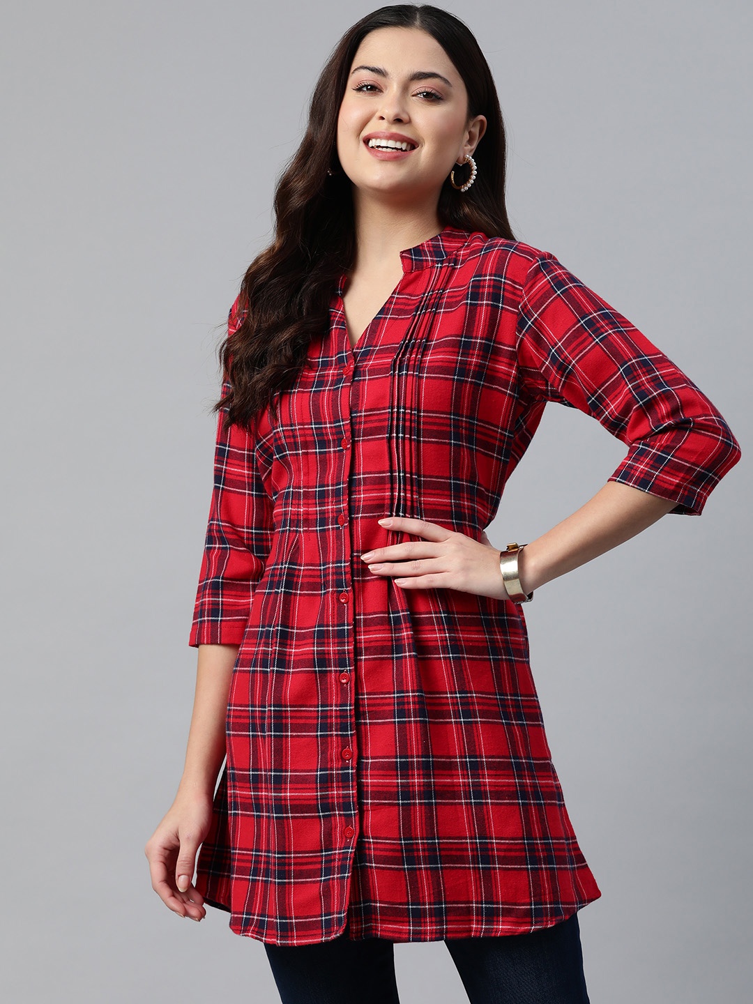 

One Femme Women Mandarin Collar Checked Tunic, Red