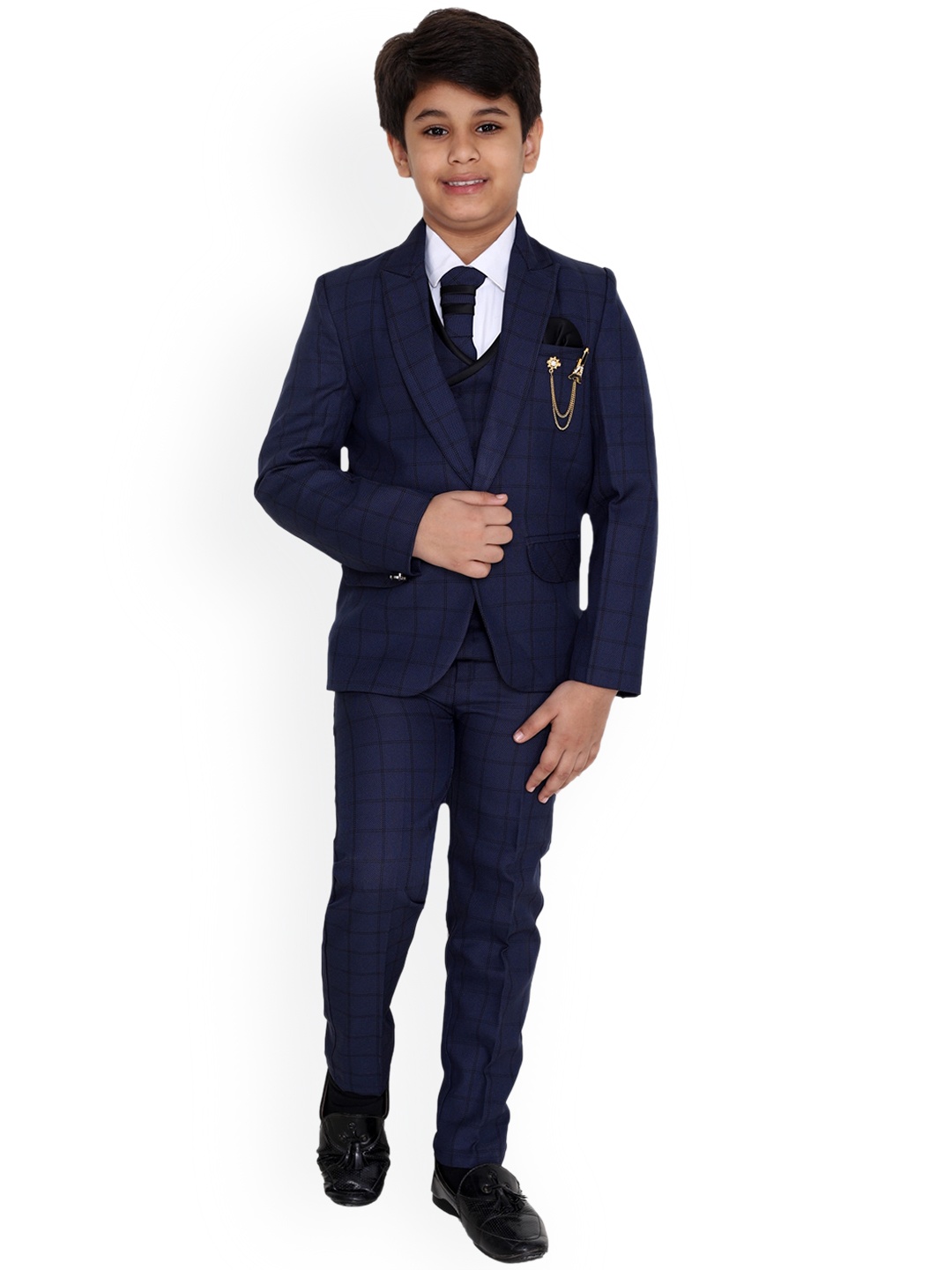 

FOURFOLDS Boys Blue & White Checked Single-Breasted 5 Piece Suit