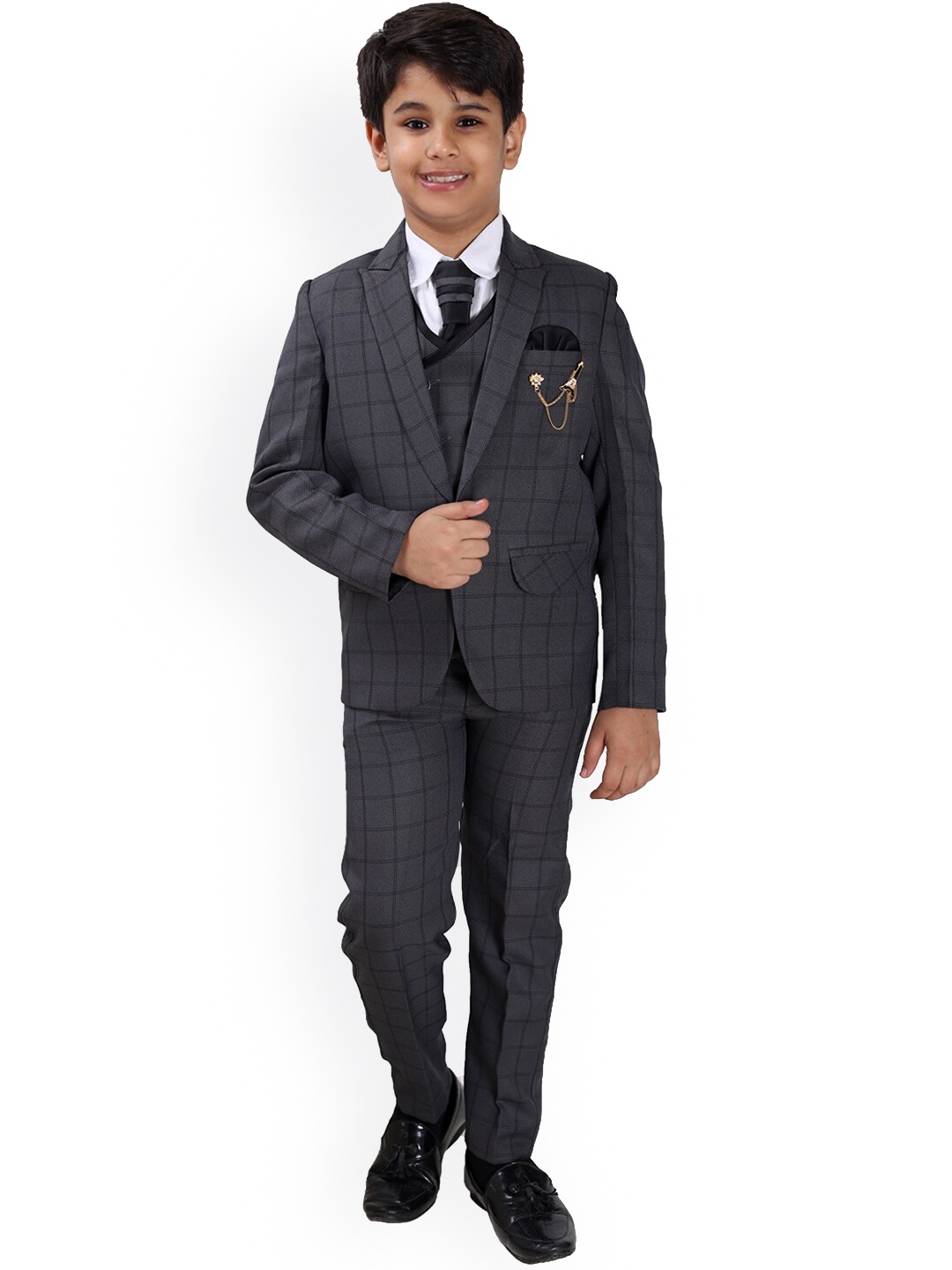 

FOURFOLDS Boys Black Checked Single-Breasted 5-Pc Suits
